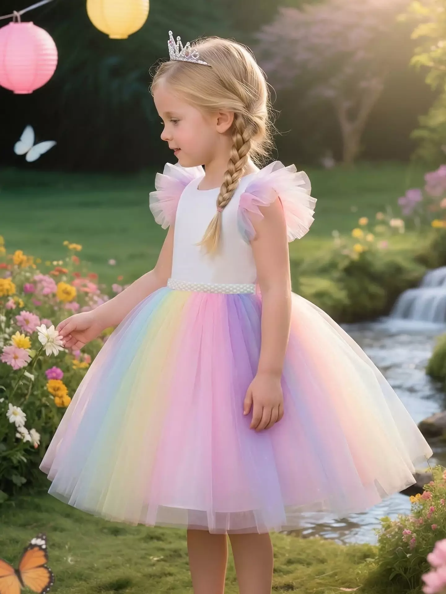 Girls Rainbow Tulle Party Dress - Odeya, Knee Length