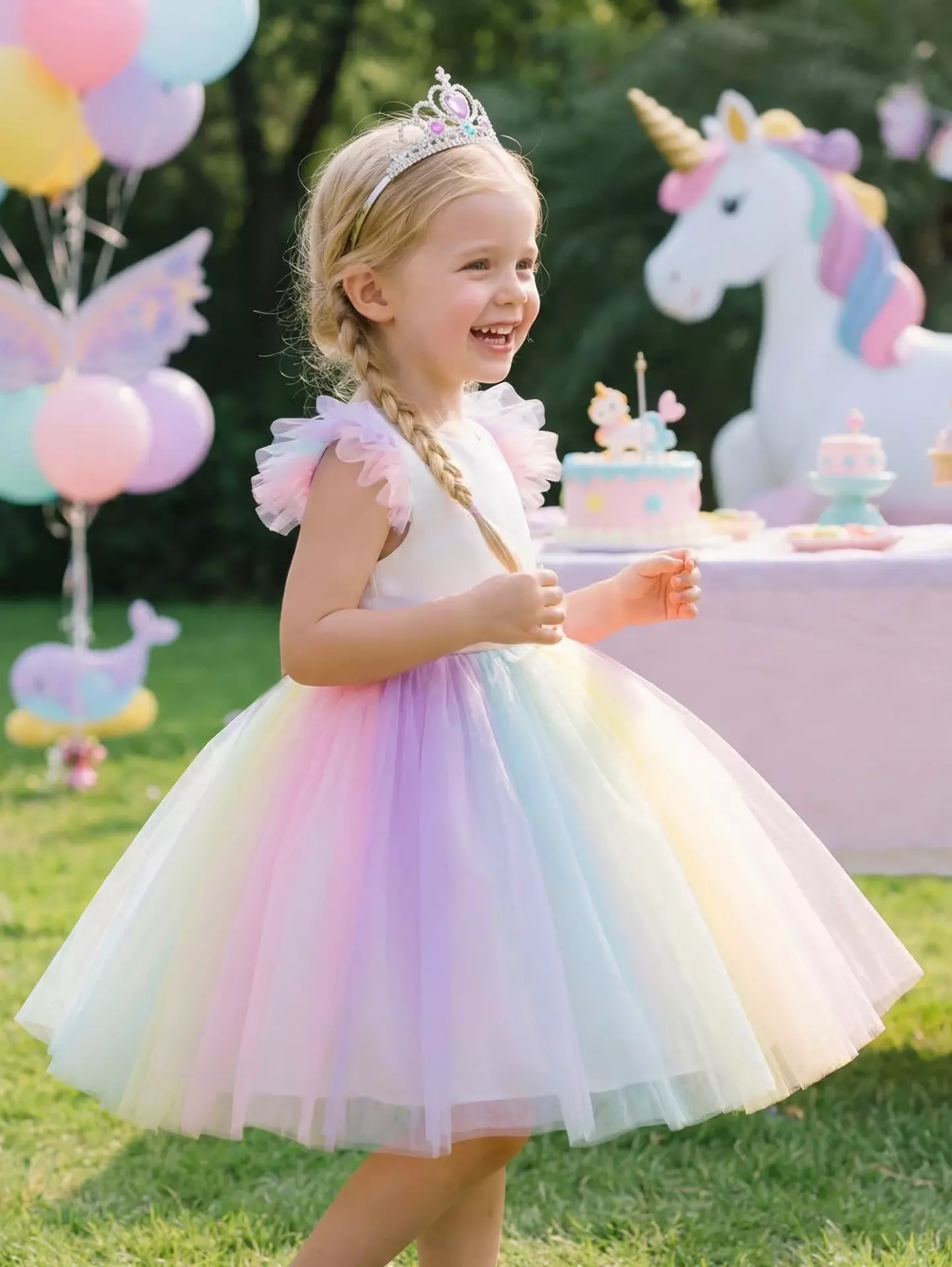 Girls Rainbow Tulle Party Dress - Odeya, Knee Length