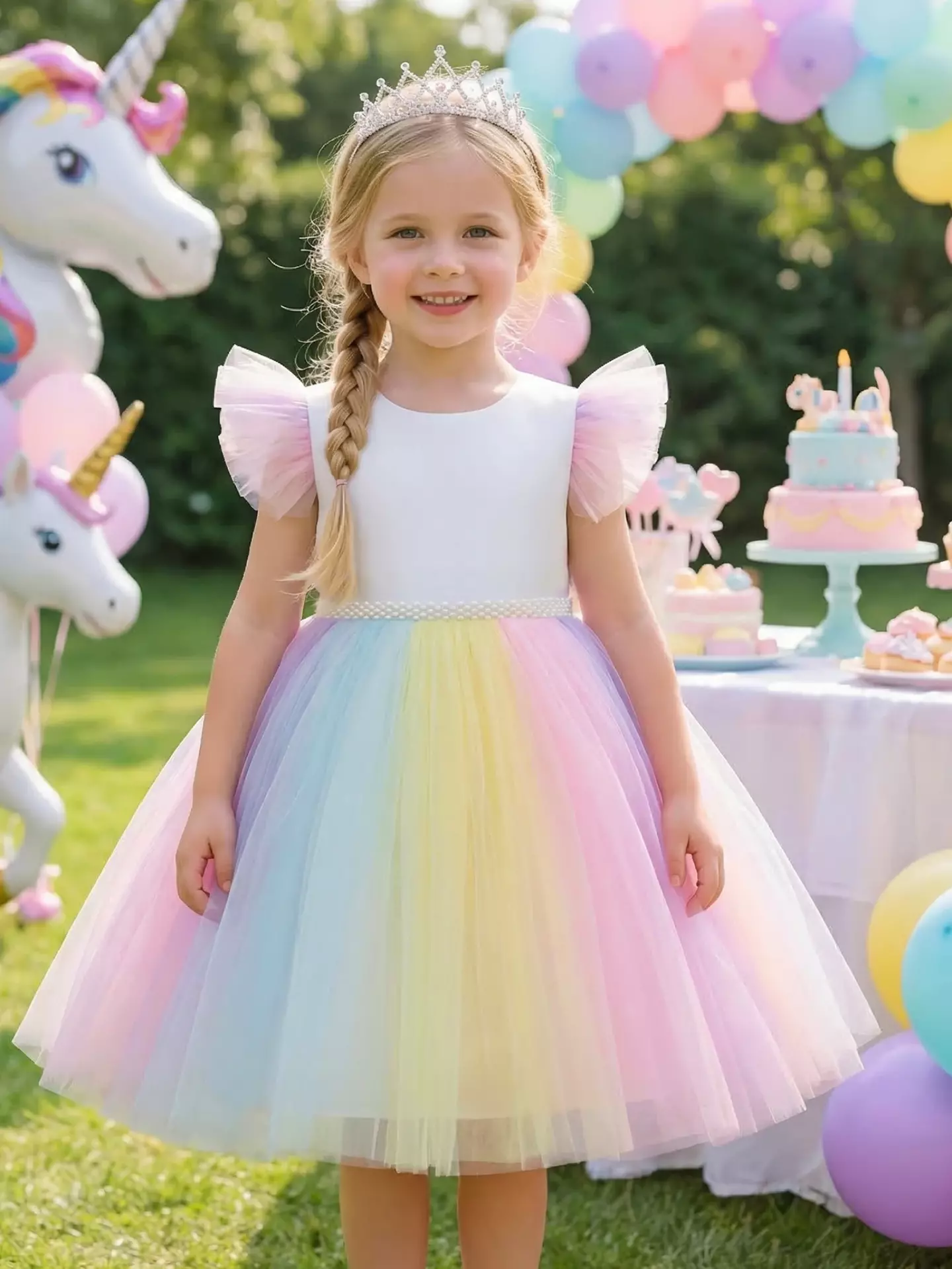 Girls Rainbow Tulle Party Dress - Odeya, Knee Length