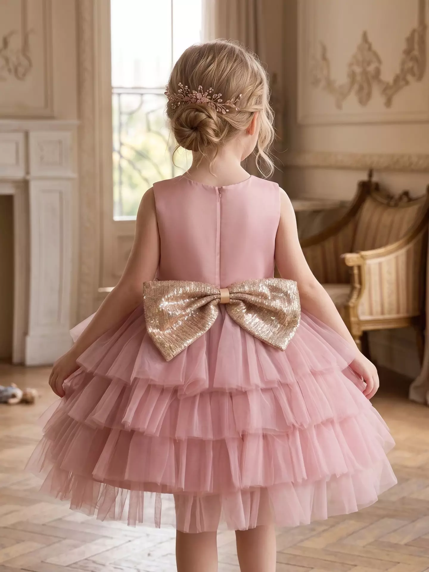 Girls Dusty Pink Tiered Tulle Party Dress - Nadine, Knee Length