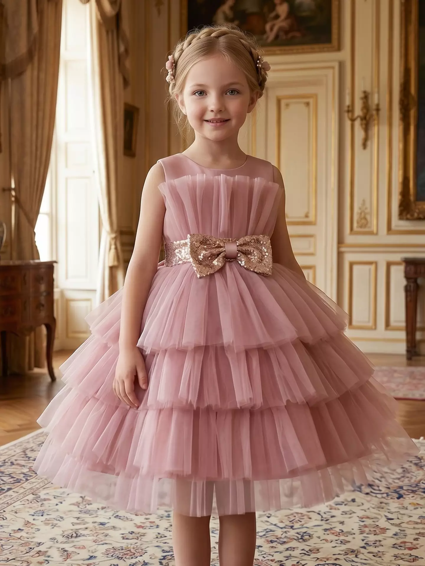Girls Dusty Pink Tiered Tulle Party Dress - Nadine, Knee Length