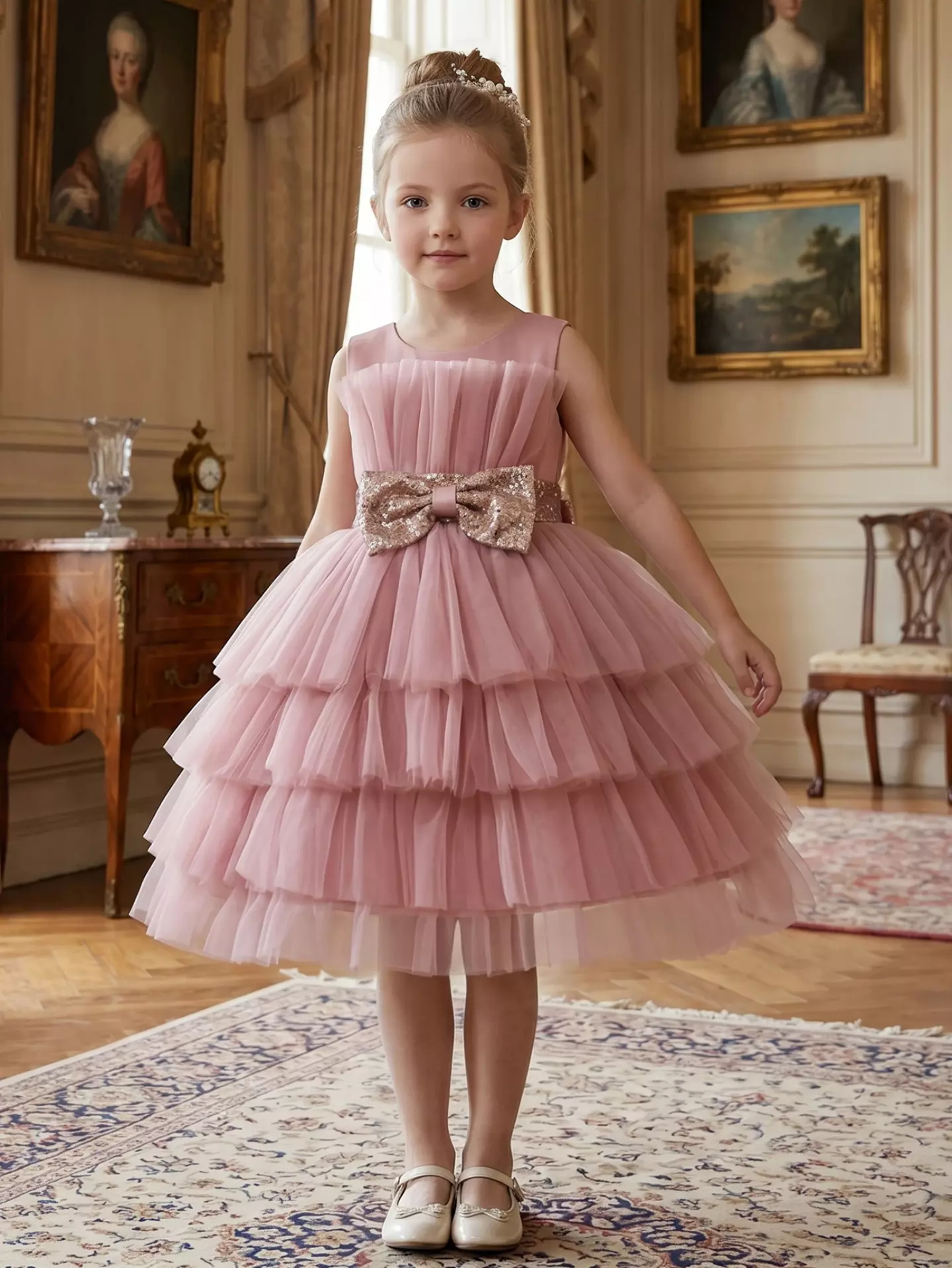 Girls Dusty Pink Tiered Tulle Party Dress - Nadine, Knee Length