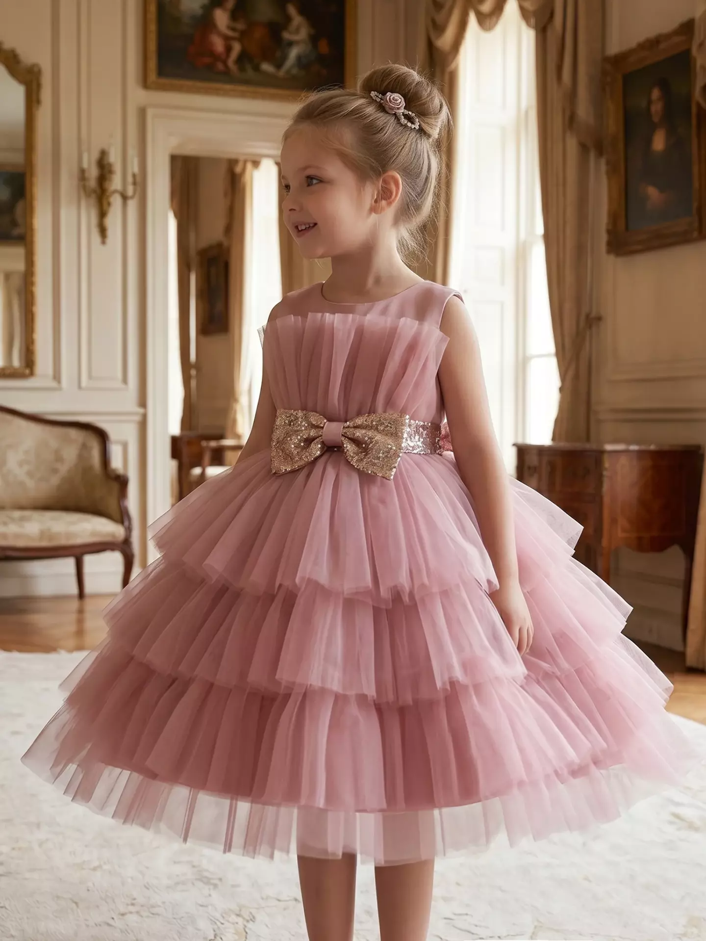 Girls Dusty Pink Tiered Tulle Party Dress - Nadine, Knee Length