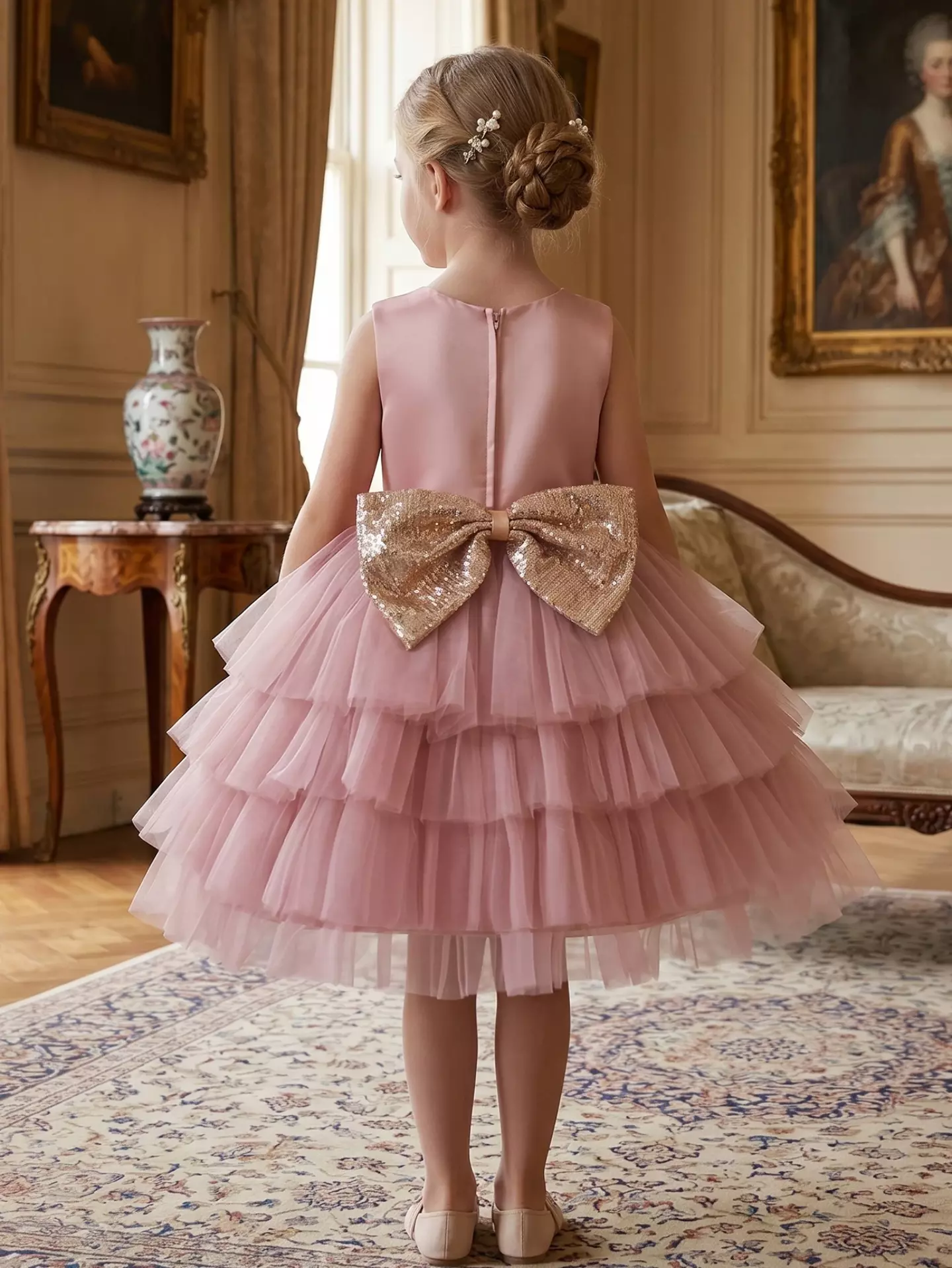 Girls Dusty Pink Tiered Tulle Party Dress - Nadine, Knee Length