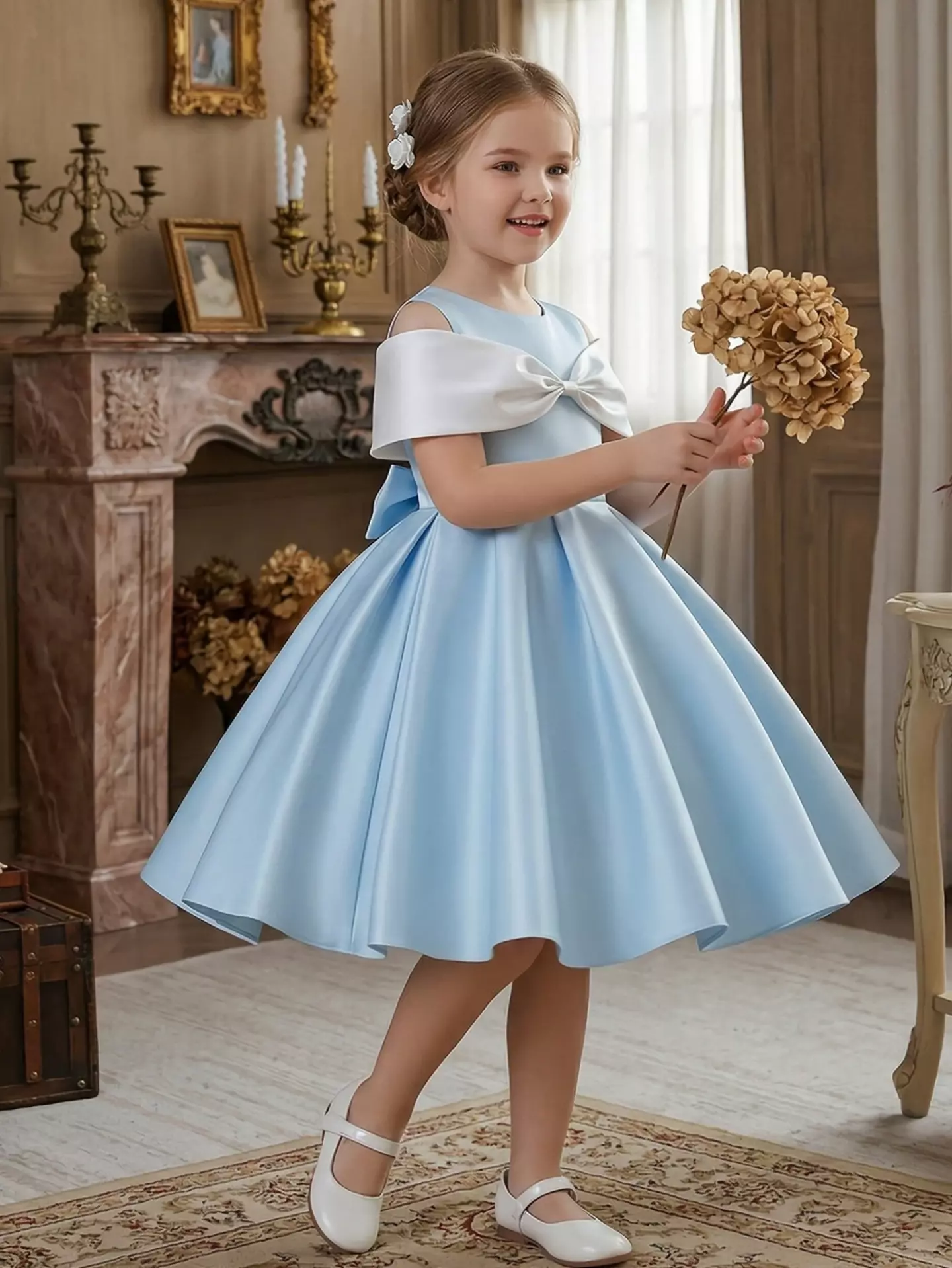 Girls Light Blue Satin Party Dress - Yanina, Knee Length