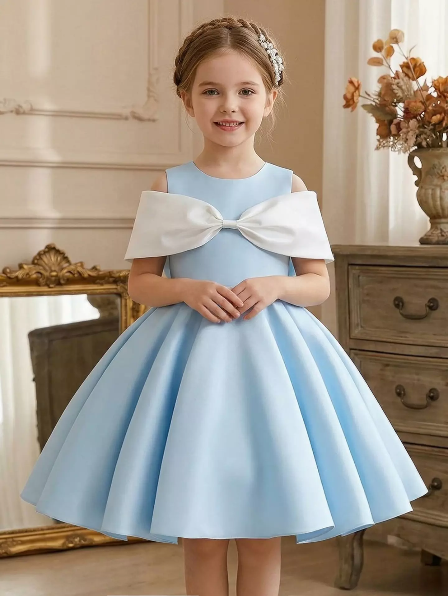 Girls Light Blue Satin Party Dress - Yanina, Knee Length