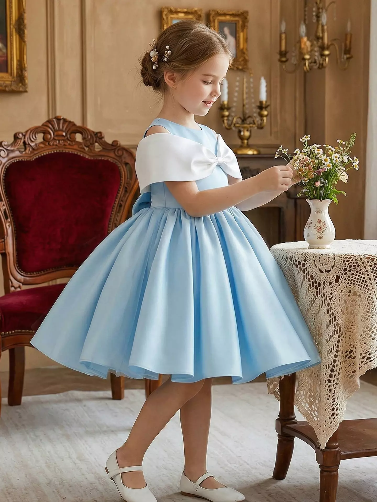 Girls Light Blue Satin Party Dress - Yanina, Knee Length