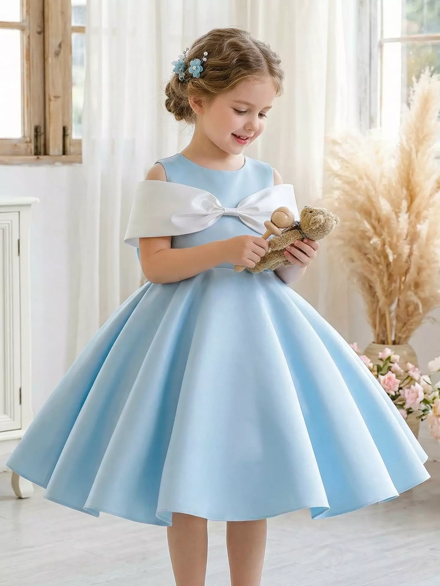 Girls Light Blue Satin Party Dress - Yanina, Knee Length