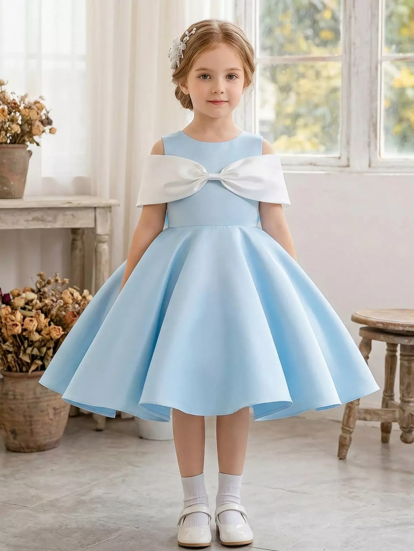 Girls Light Blue Satin Party Dress - Yanina, Knee Length