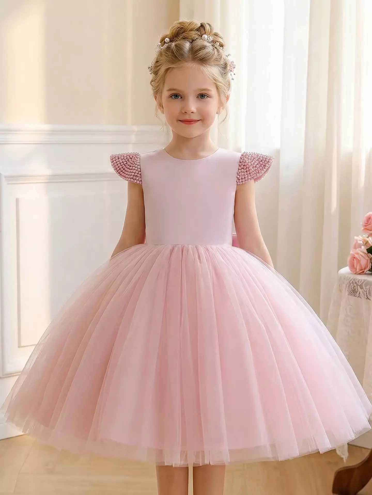 Girls Dusty Pink Pearl Princess Party Dress - Doreen, Knee Length