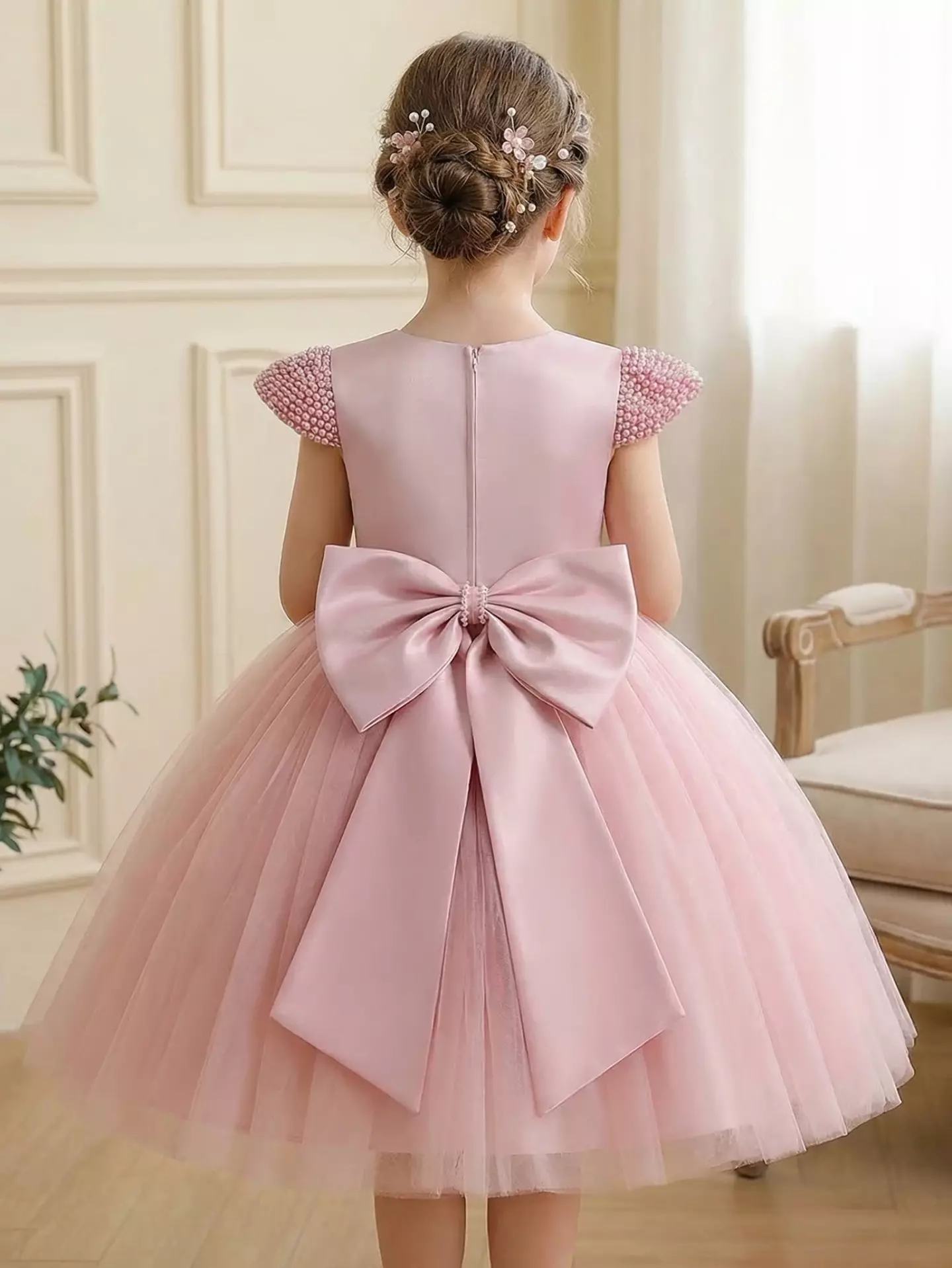 Girls Dusty Pink Pearl Princess Party Dress - Doreen, Knee Length