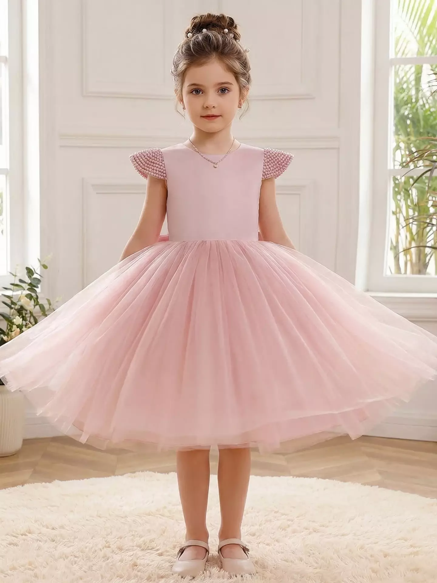 Girls Dusty Pink Pearl Princess Party Dress - Doreen, Knee Length