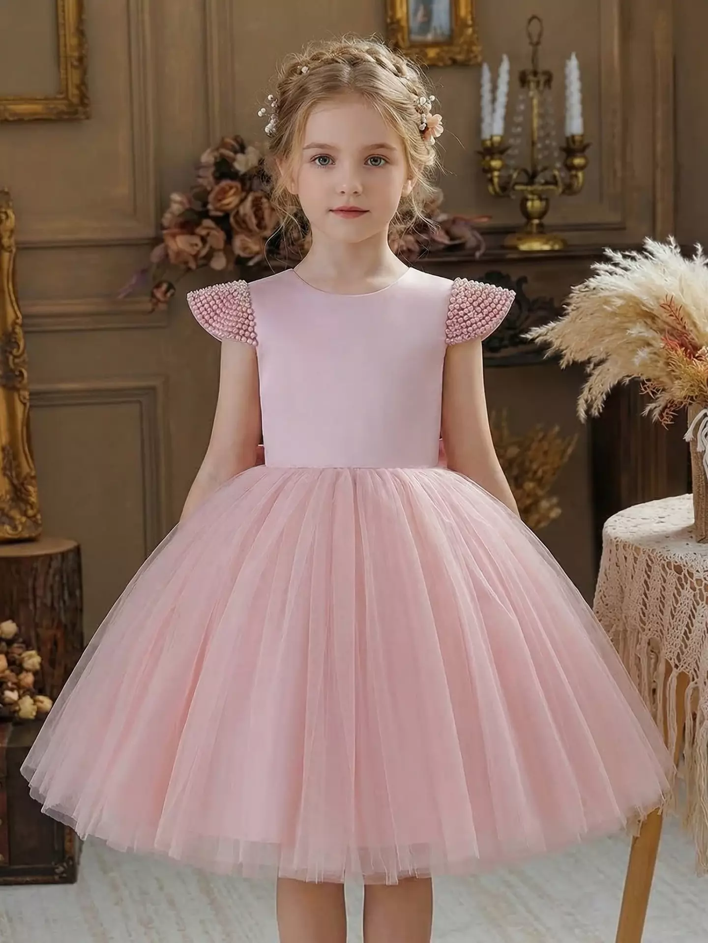 Girls Dusty Pink Pearl Princess Party Dress - Doreen, Knee Length