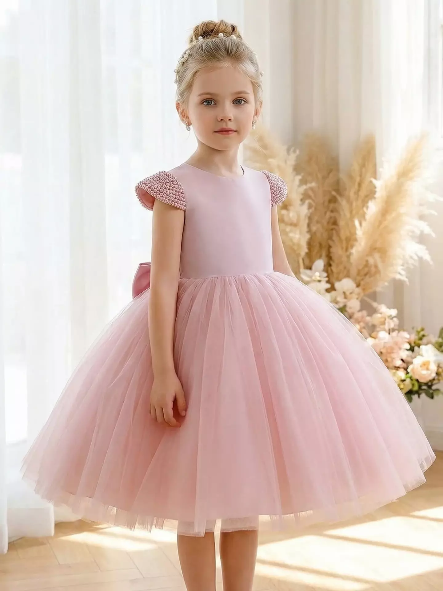 Girls Dusty Pink Pearl Princess Party Dress - Doreen, Knee Length