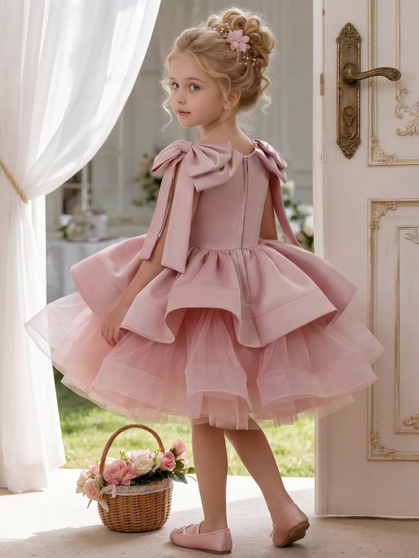 Girls Dusty Pink Tiered Ruffle Party Dress - Kim, Knee Length