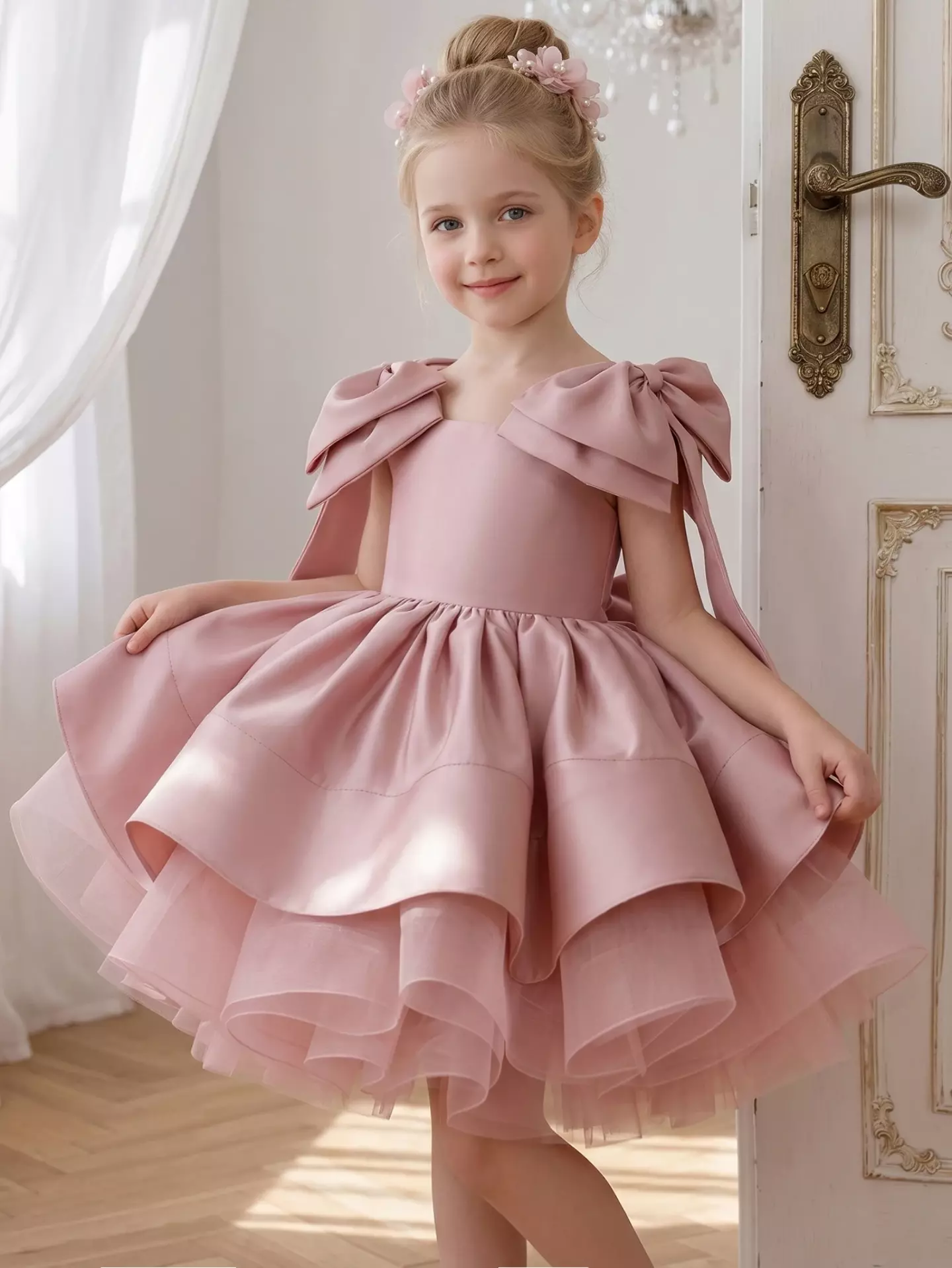 Girls Dusty Pink Tiered Ruffle Party Dress - Kim, Knee Length