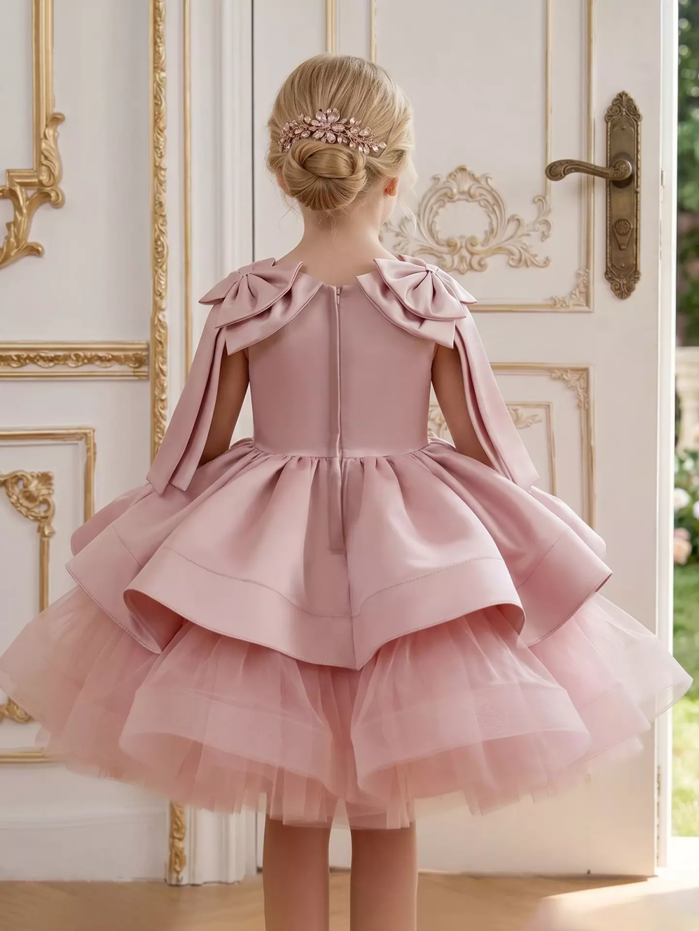 Girls Dusty Pink Tiered Ruffle Party Dress - Kim, Knee Length