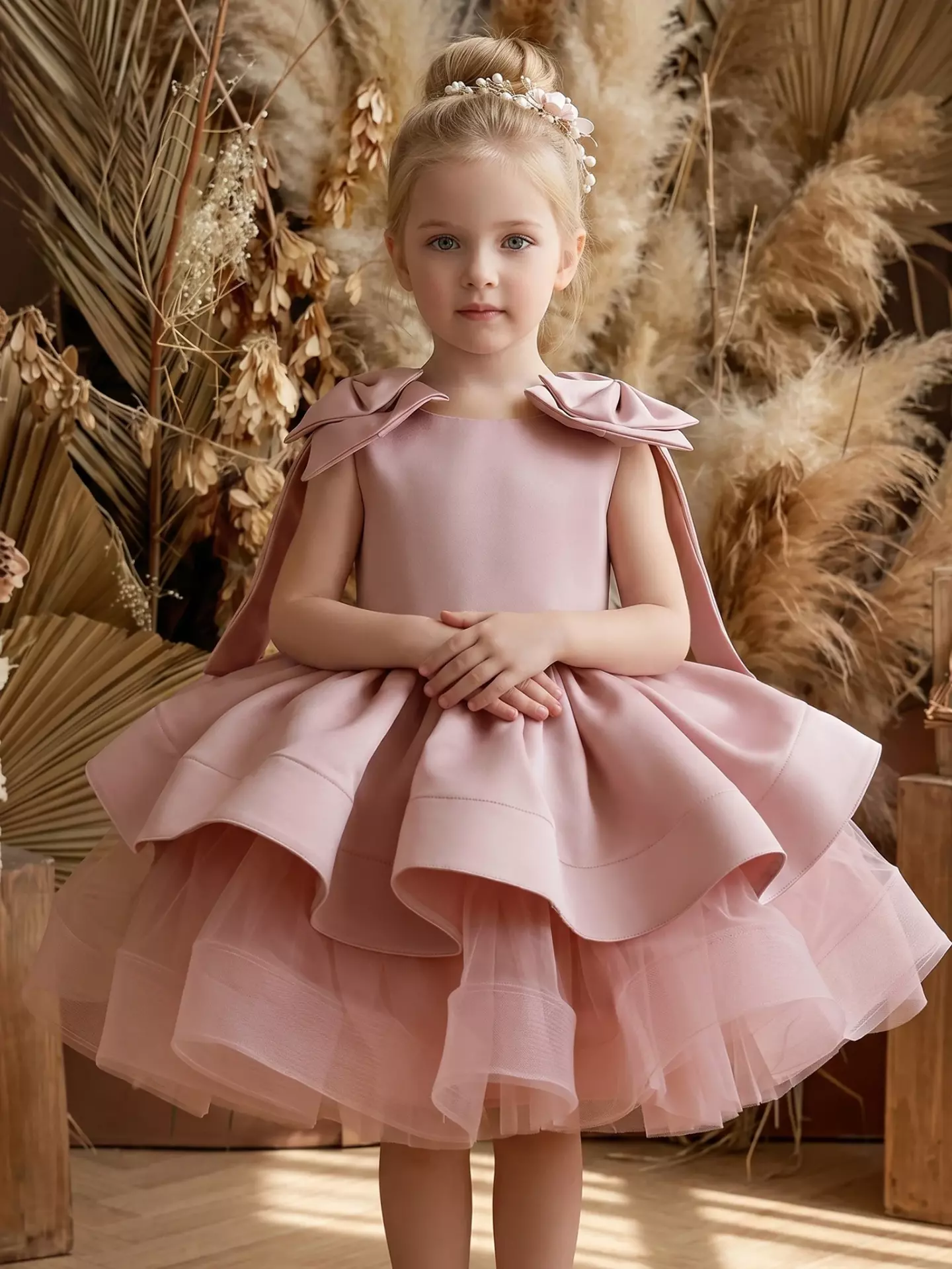 Girls Dusty Pink Tiered Ruffle Party Dress - Kim, Knee Length