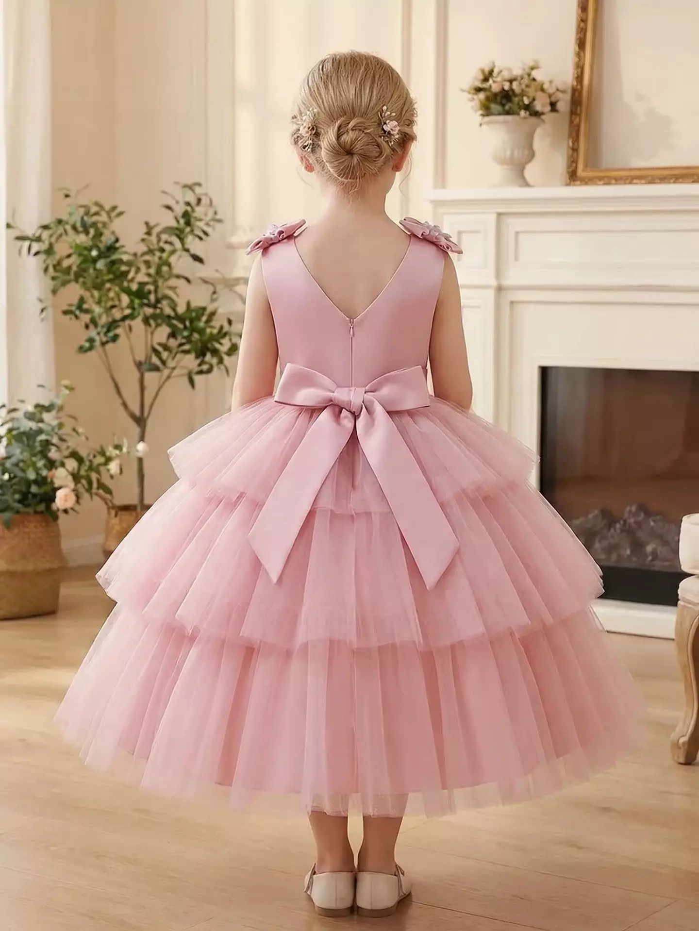 Girls Dusty Pink Floral Tiered Tulle Party Dress - Maley, Knee Length