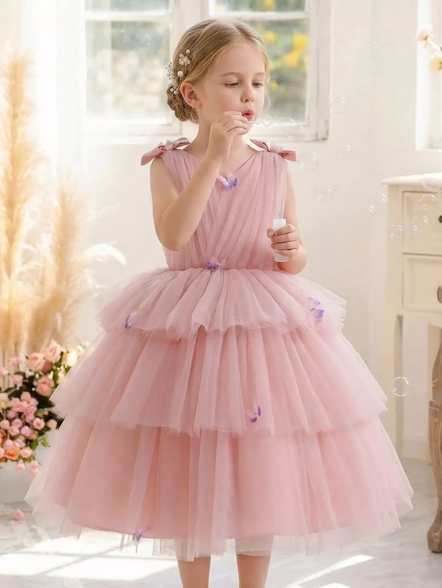 Girls Dusty Pink Floral Tiered Tulle Party Dress - Maley, Knee Length