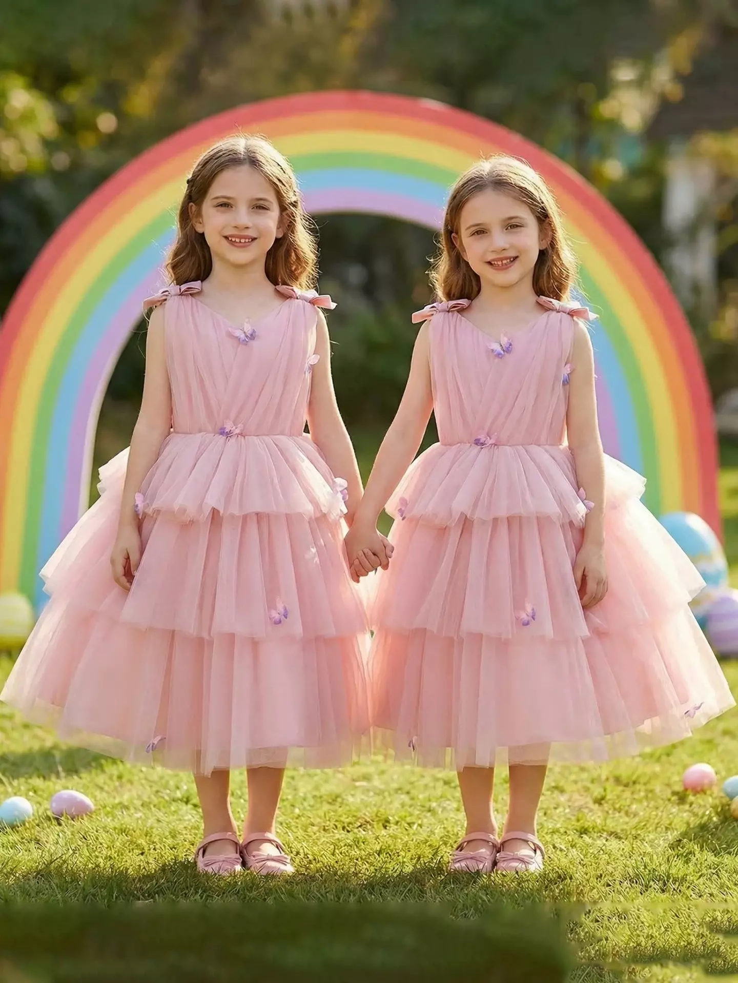 Girls Dusty Pink Floral Tiered Tulle Party Dress - Maley, Knee Length