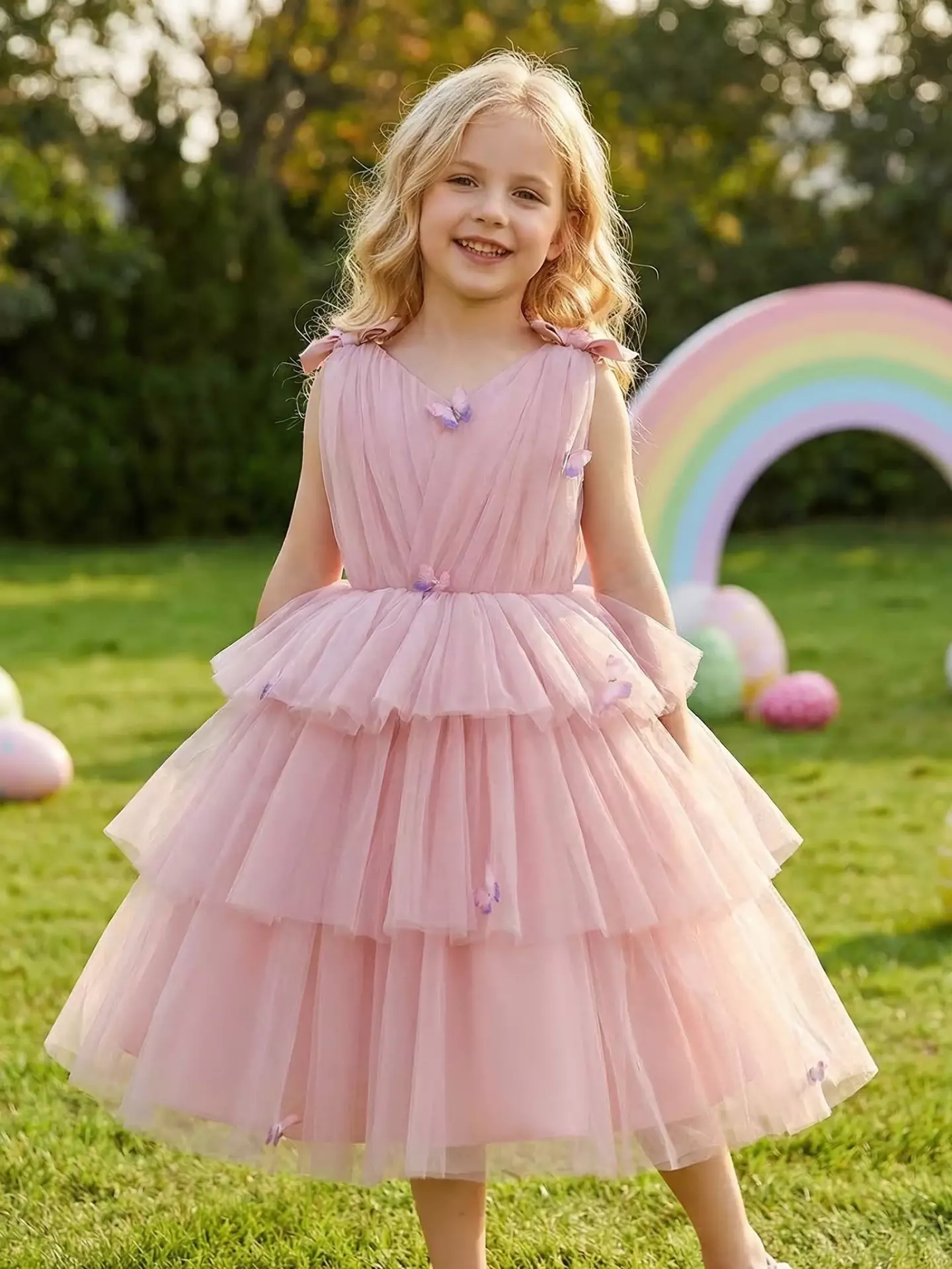 Girls Dusty Pink Floral Tiered Tulle Party Dress - Maley, Knee Length