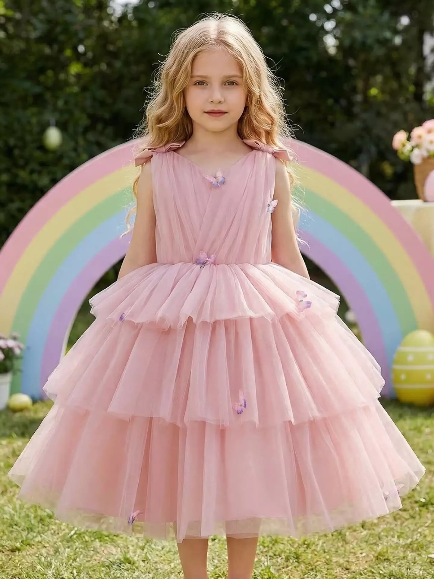 Girls Dusty Pink Floral Tiered Tulle Party Dress - Maley, Knee Length