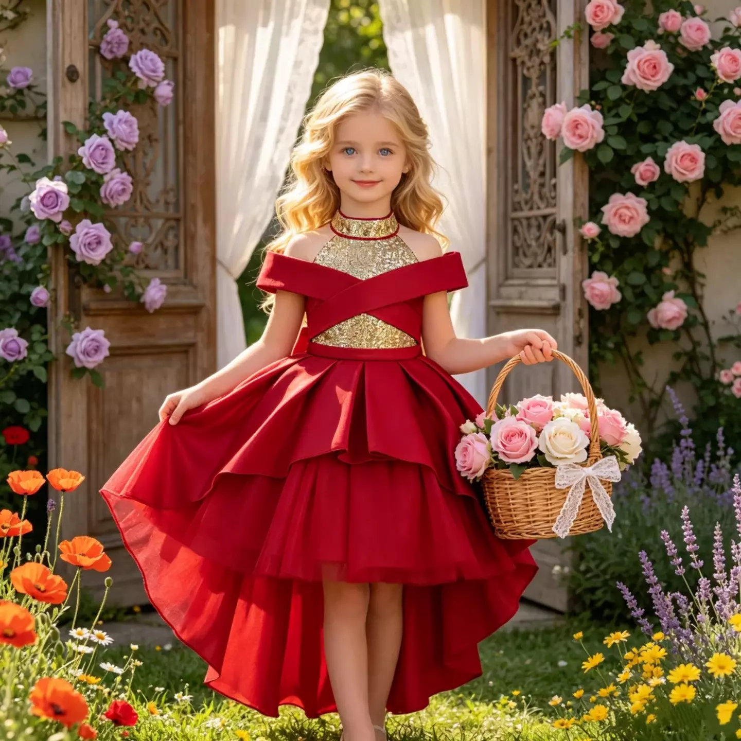 Rosedith Maroon Beaded Off-Shoulder Junior Bridesmaid Dress