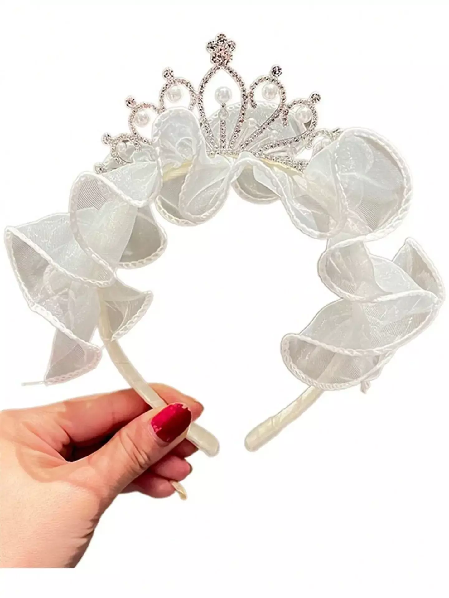 White Organza Ruffle Flower Crown Headband with Rhinestone Tiara - Girls Special Occasion Headpiece 8931