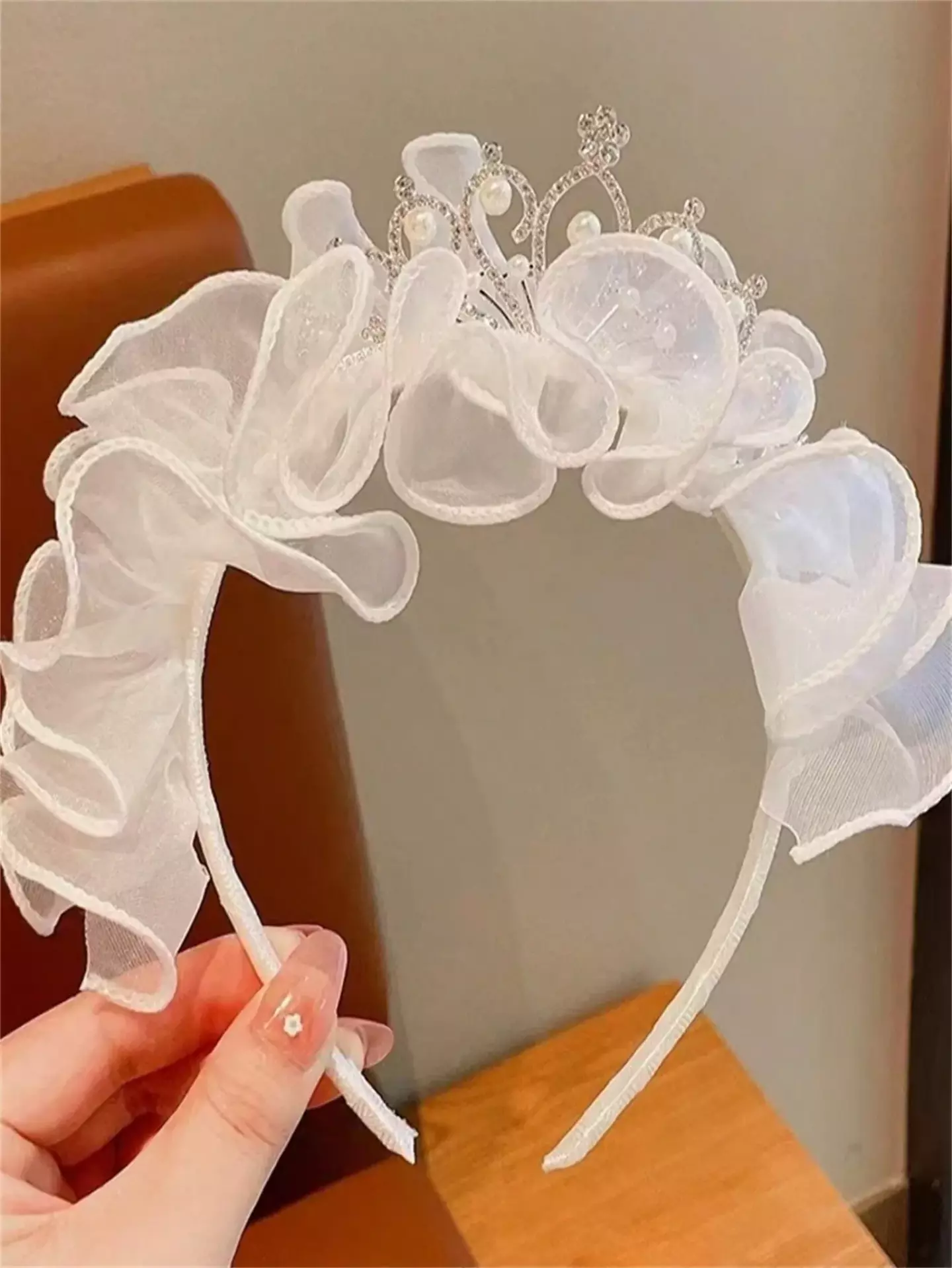 White Organza Ruffle Flower Crown Headband with Rhinestone Tiara - Girls Special Occasion Headpiece 8931