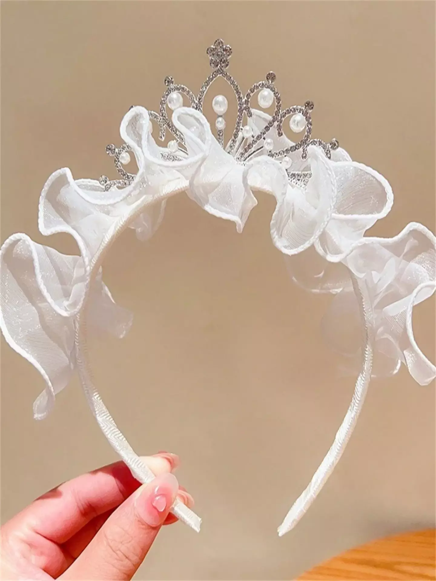 White Organza Ruffle Flower Crown Headband with Rhinestone Tiara - Girls Special Occasion Headpiece 8931
