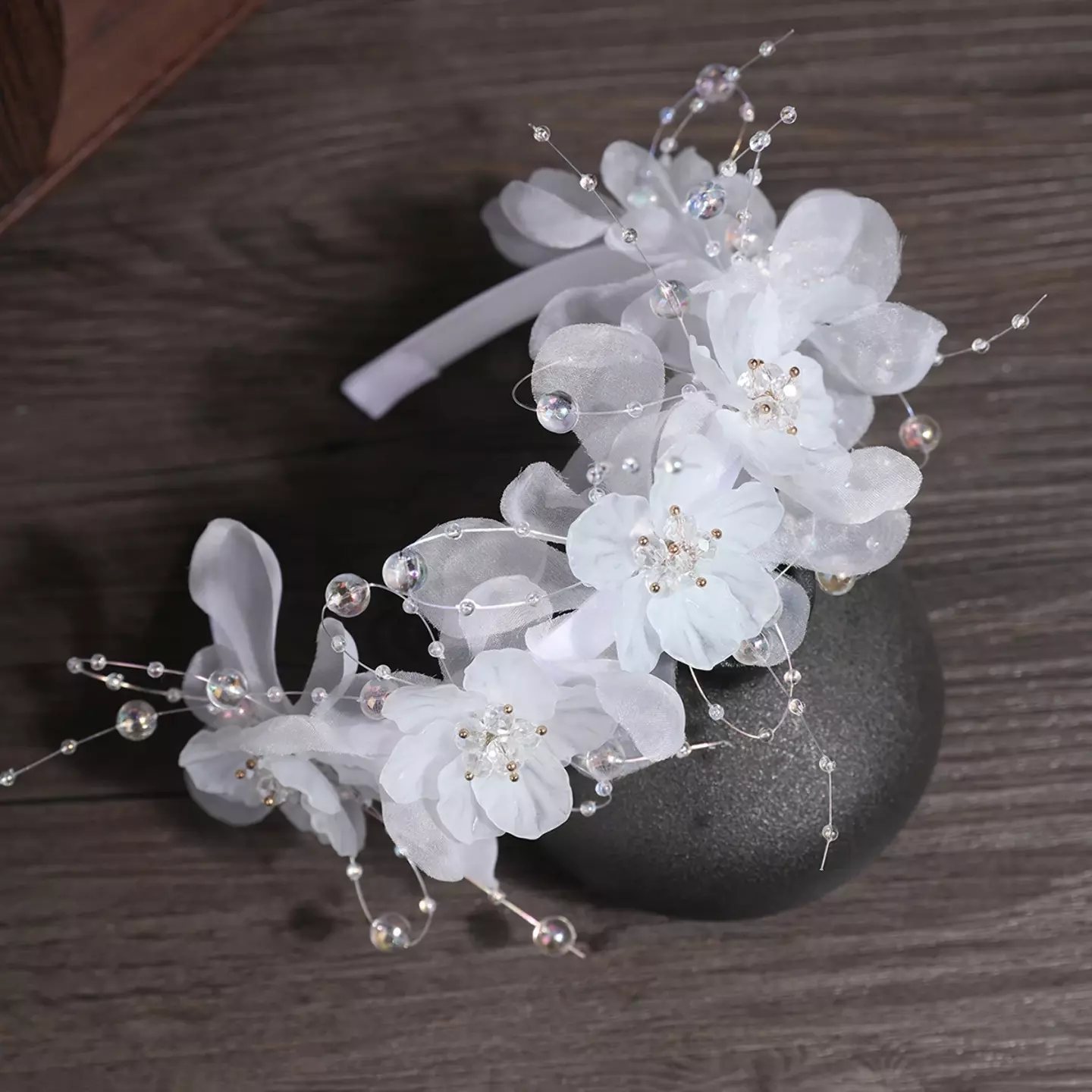 White Lace Flower Headband with Pearl Sprays - Girls Elegant Special Occasion Hairband 8939
