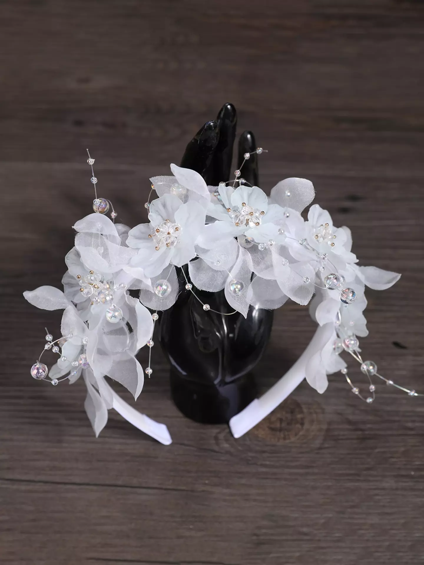 White Lace Flower Headband with Pearl Sprays - Girls Elegant Special Occasion Hairband 8939