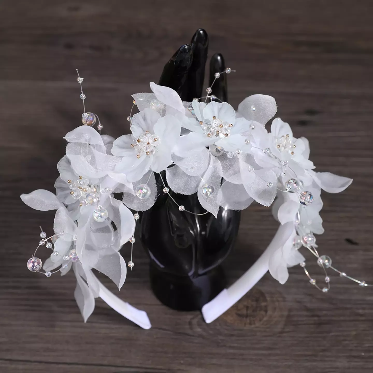 White Lace Flower Headband with Pearl Sprays - Girls Elegant Special Occasion Hairband 8939