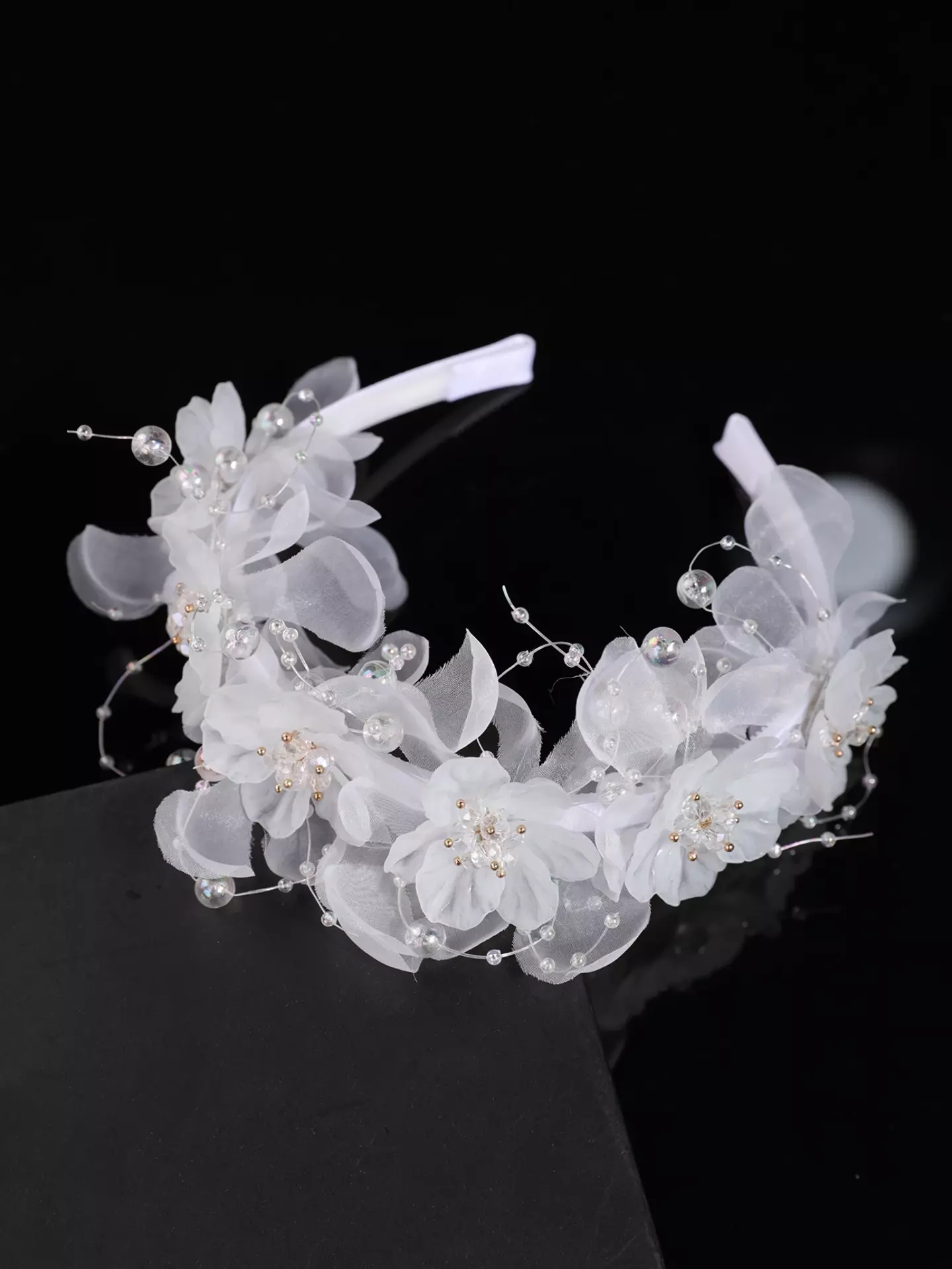 White Lace Flower Headband with Pearl Sprays - Girls Elegant Special Occasion Hairband 8939