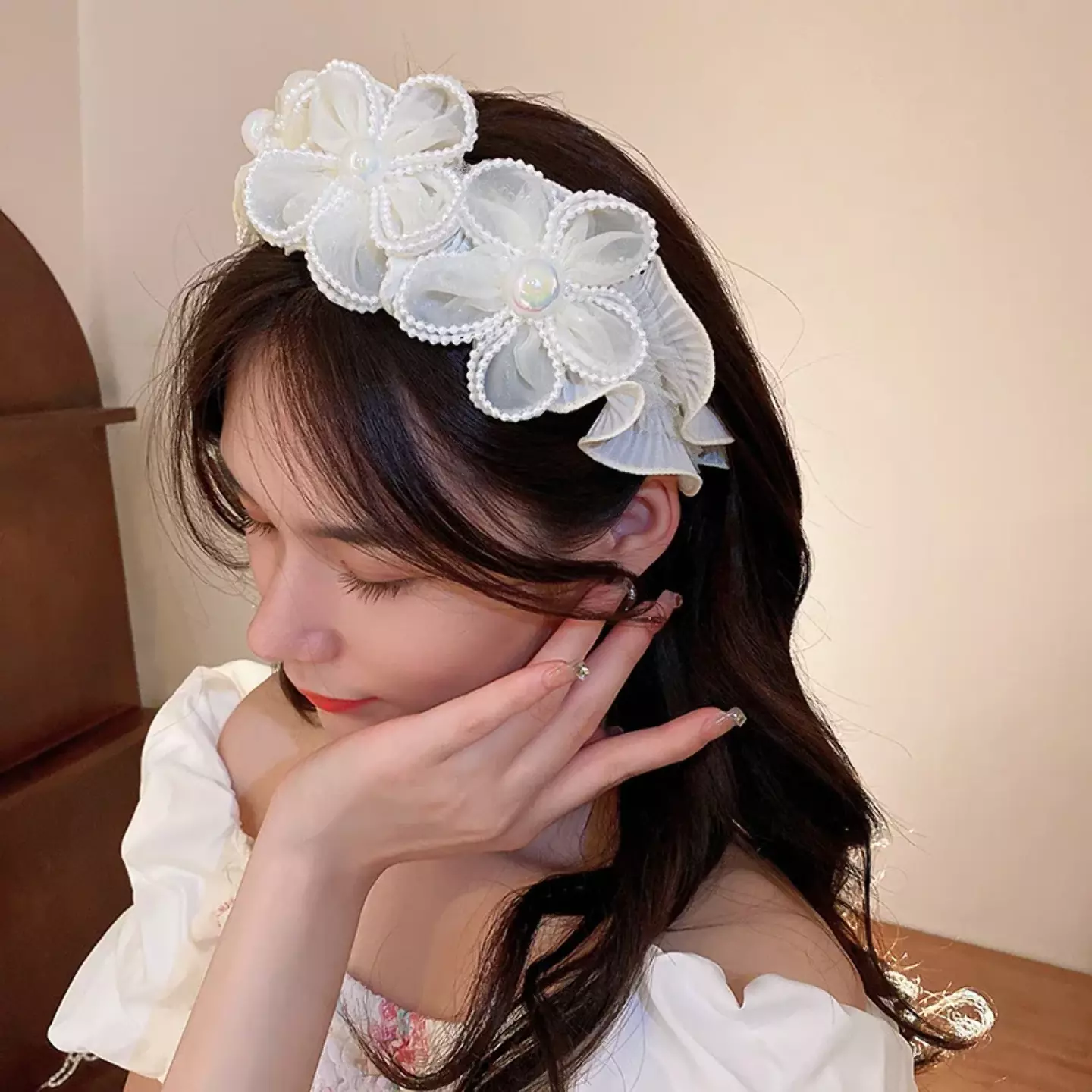 White Beaded Pearl Flower Mesh Headband - Girls Elegant Special Occasion Hairband 8943