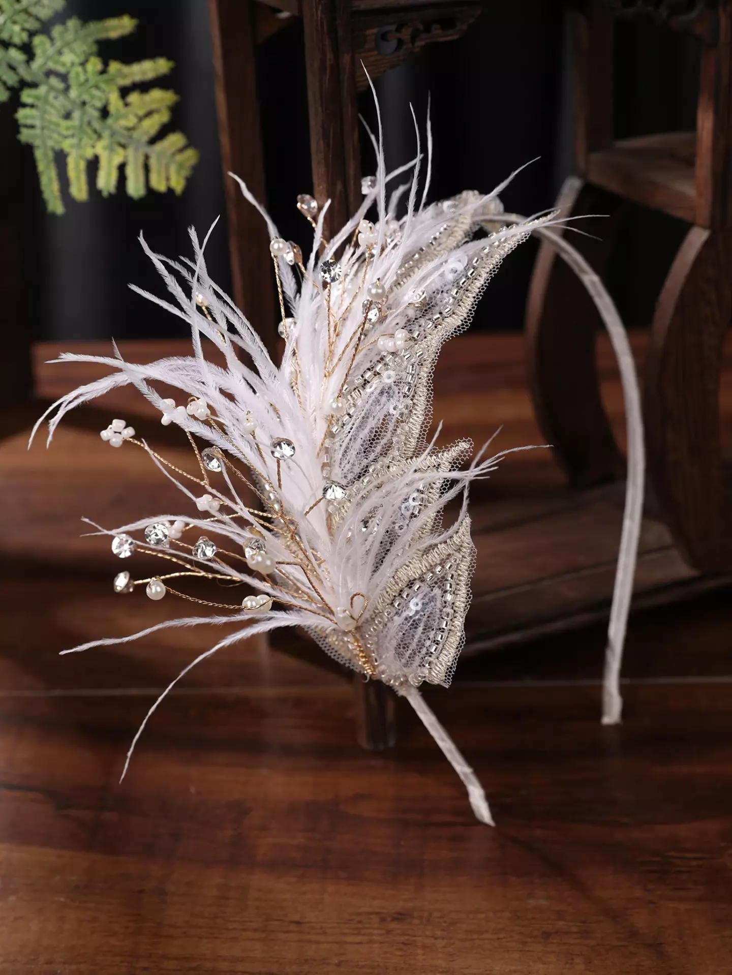 Girls White Feather Spray Headband with Pearl Accents 8947