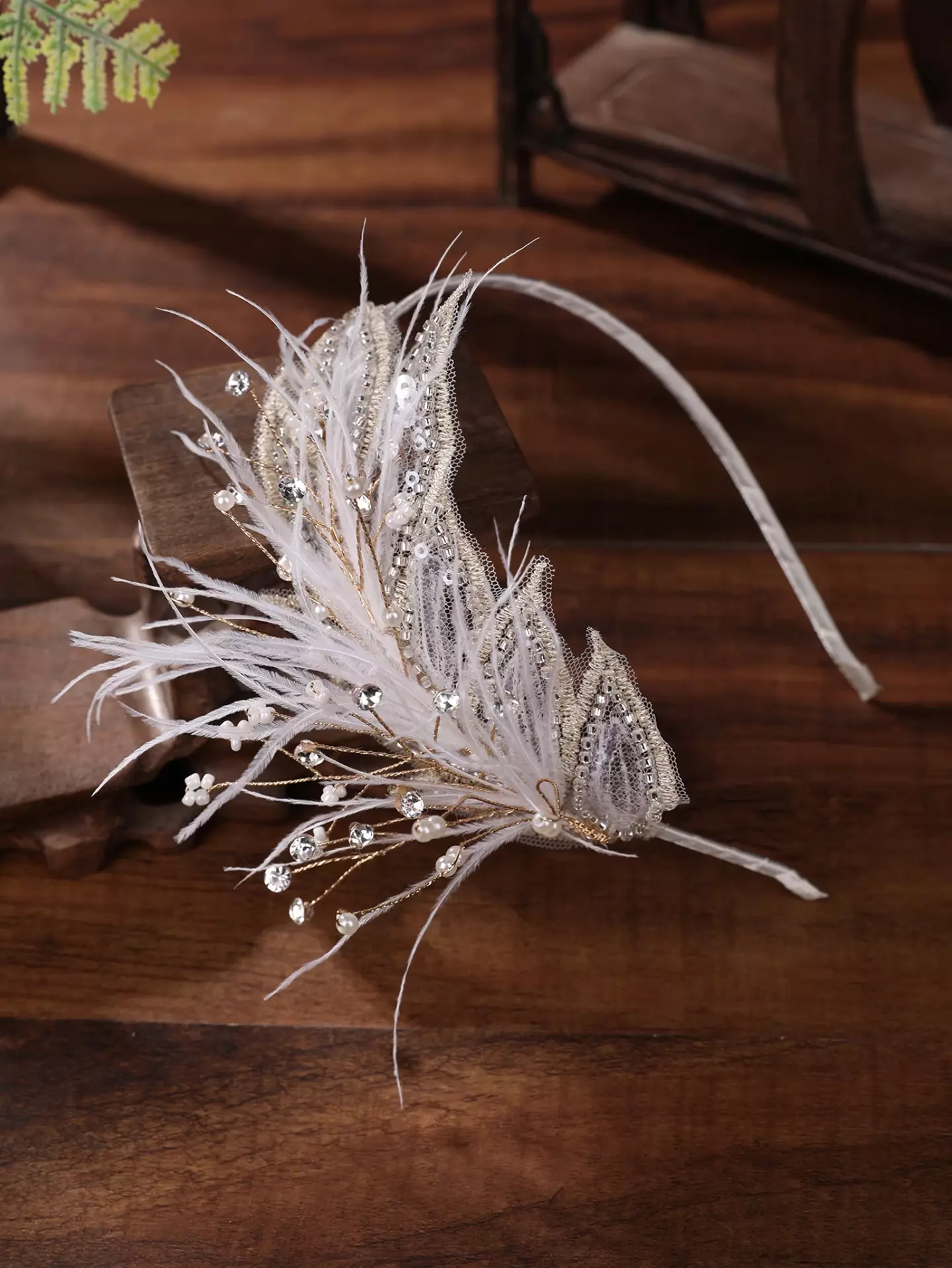 Girls White Feather Spray Headband with Pearl Accents 8947