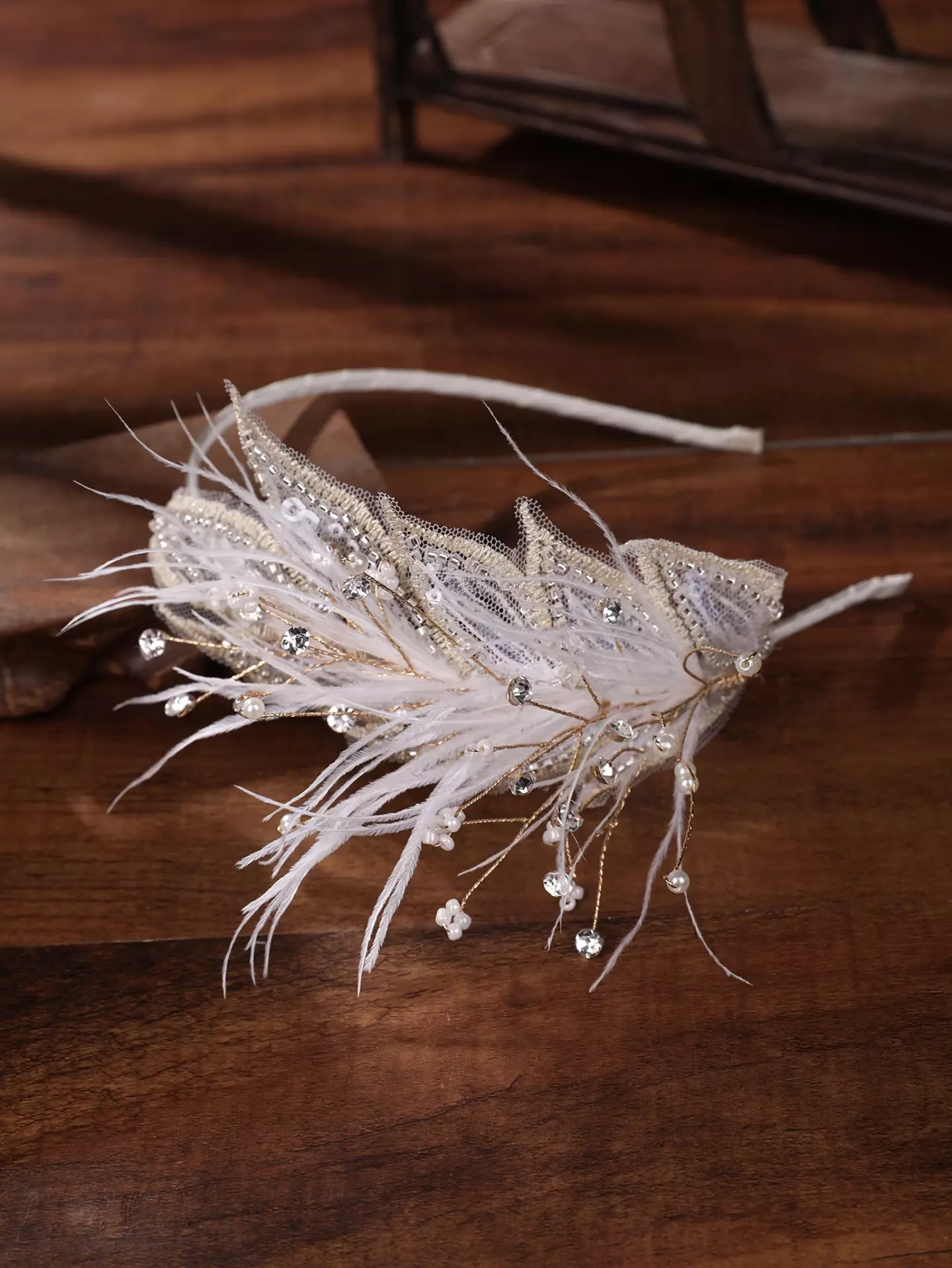 Girls White Feather Spray Headband with Pearl Accents 8947