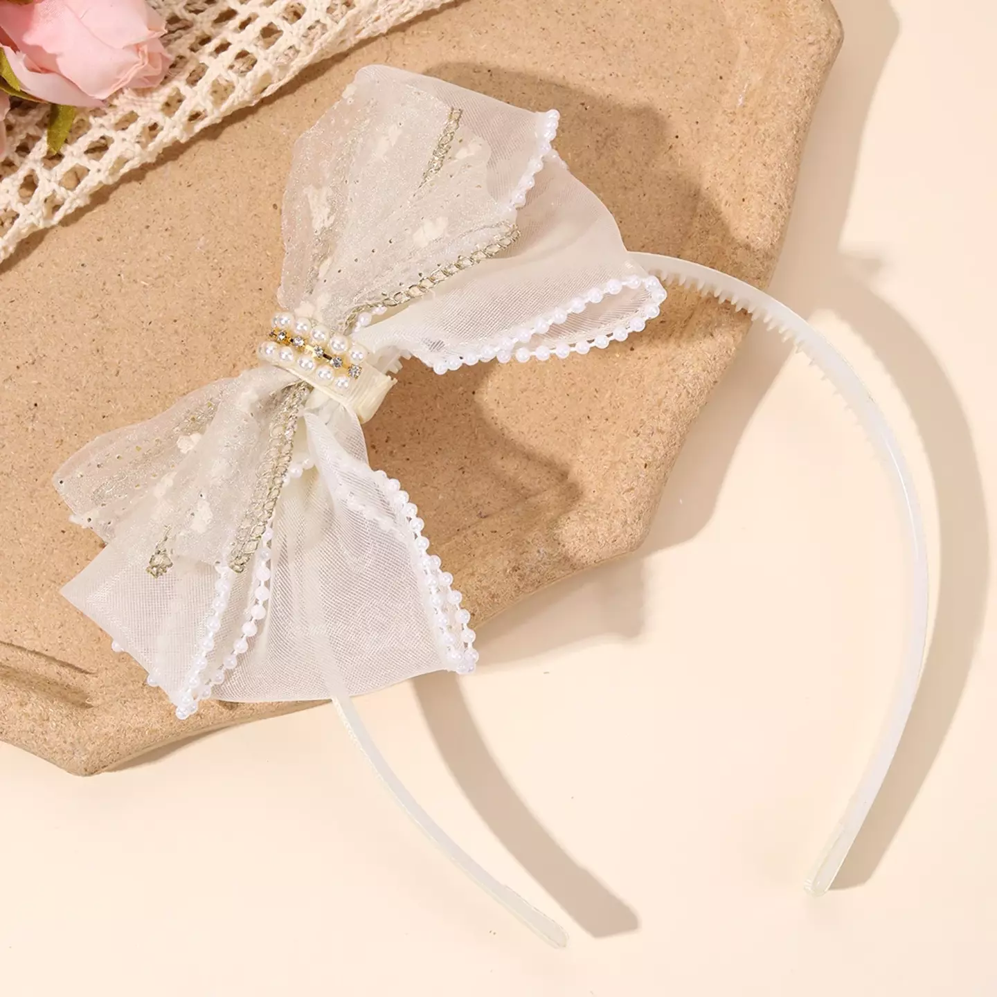 Girls Off White Chiffon Bow Headband with Pearl Detail 8951