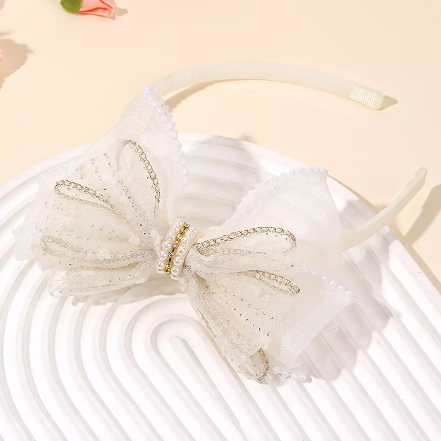 Girls Off White Chiffon Bow Headband with Pearl Detail 8951
