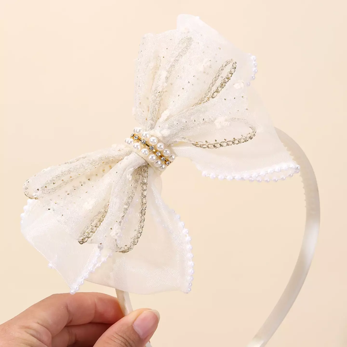 Girls Off White Chiffon Bow Headband with Pearl Detail 8951
