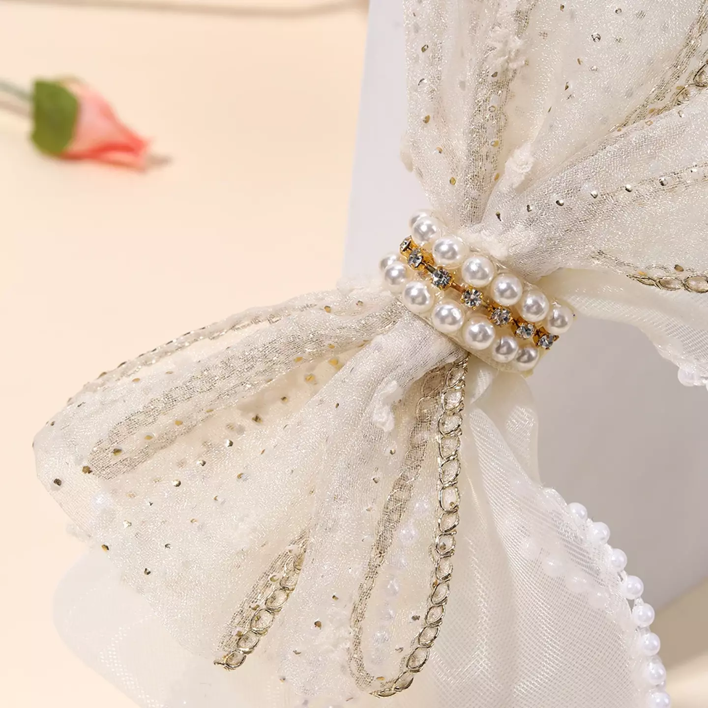 Girls Off White Chiffon Bow Headband with Pearl Detail 8951