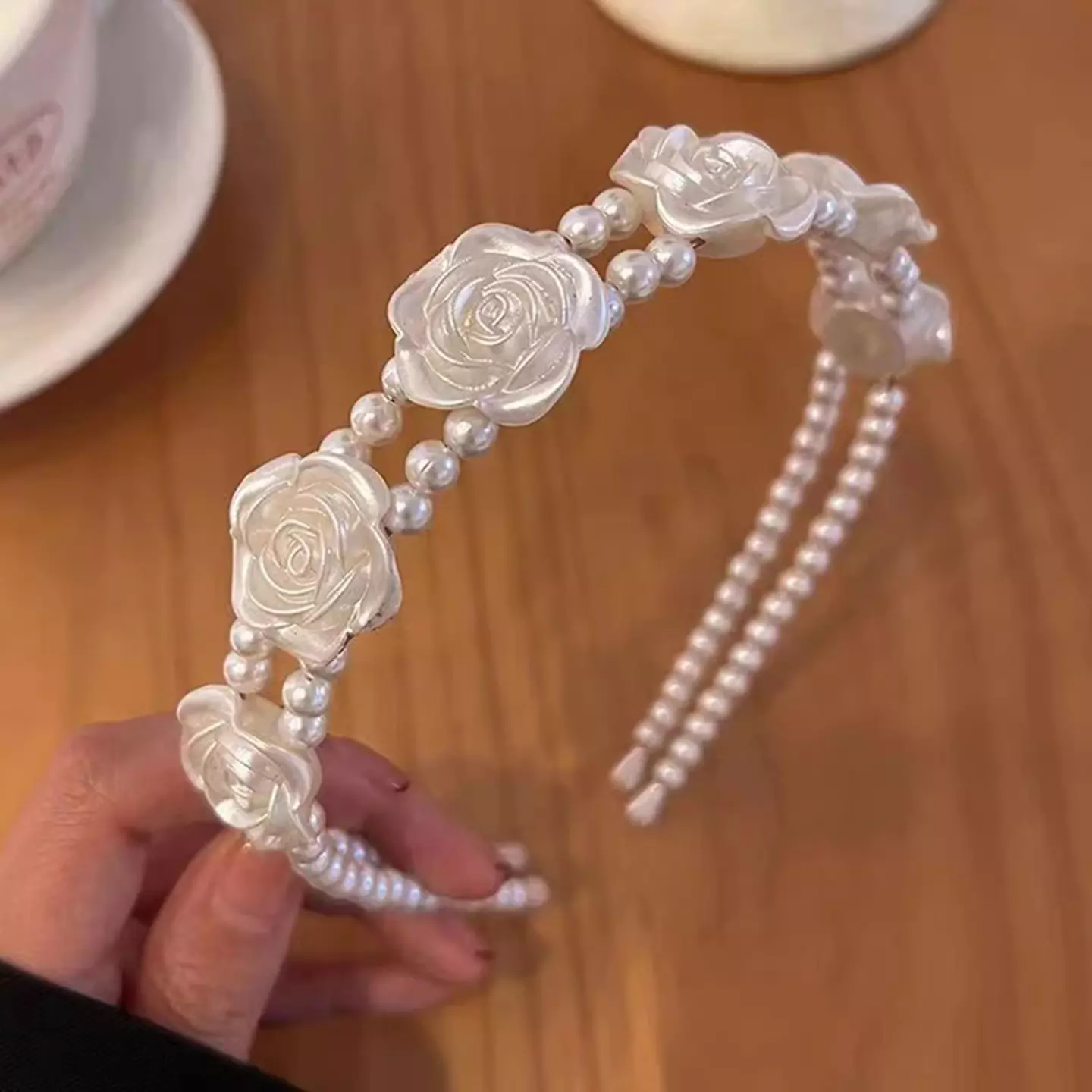 Girls White Pearl Rose Headband Elegant Hairband 8959