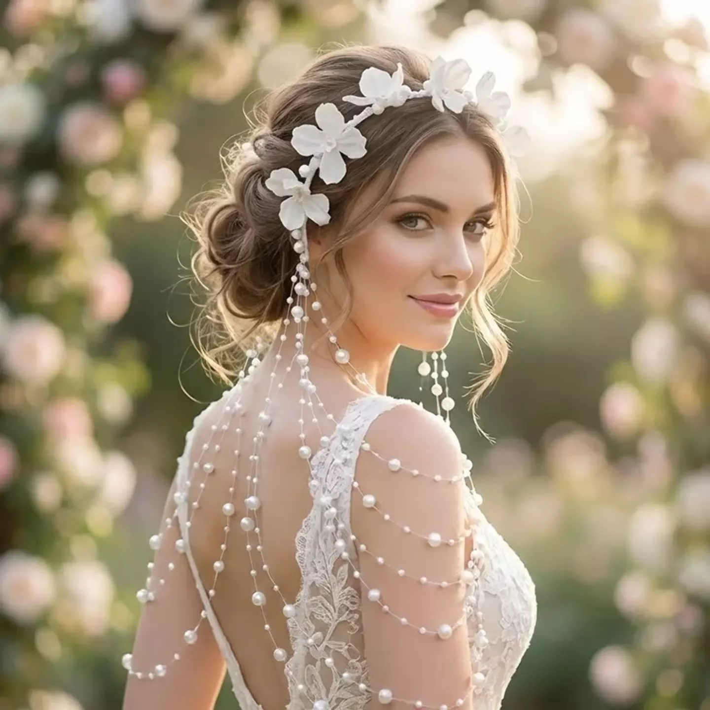 Girls White Flower Crown Headband with Pearl Strands 8963