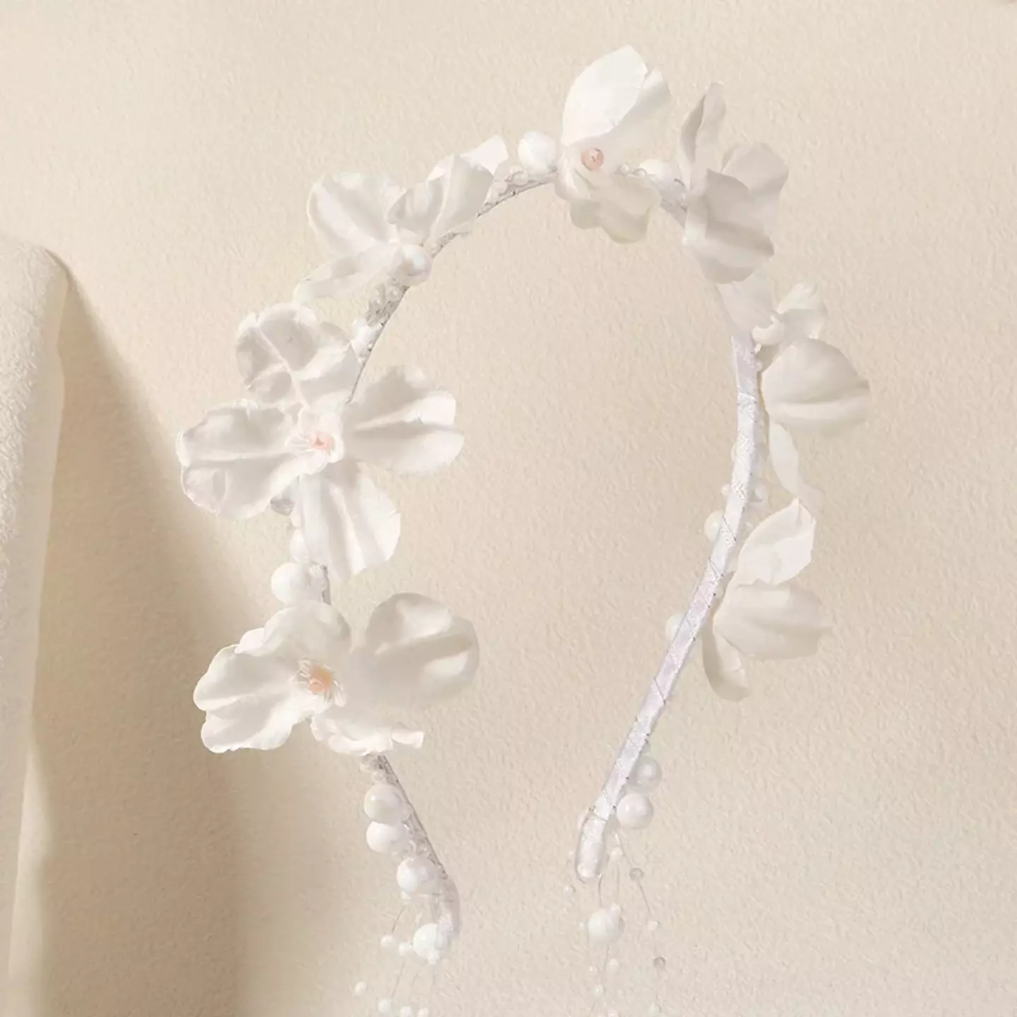 Girls White Flower Crown Headband with Pearl Strands 8963