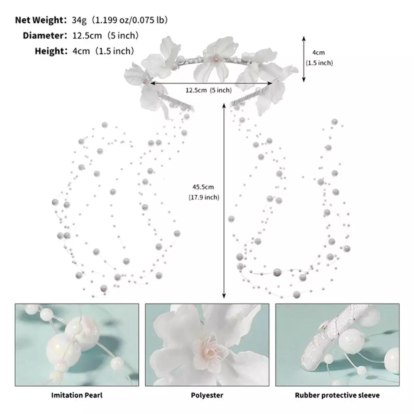 Girls White Flower Crown Headband with Pearl Strands 8963