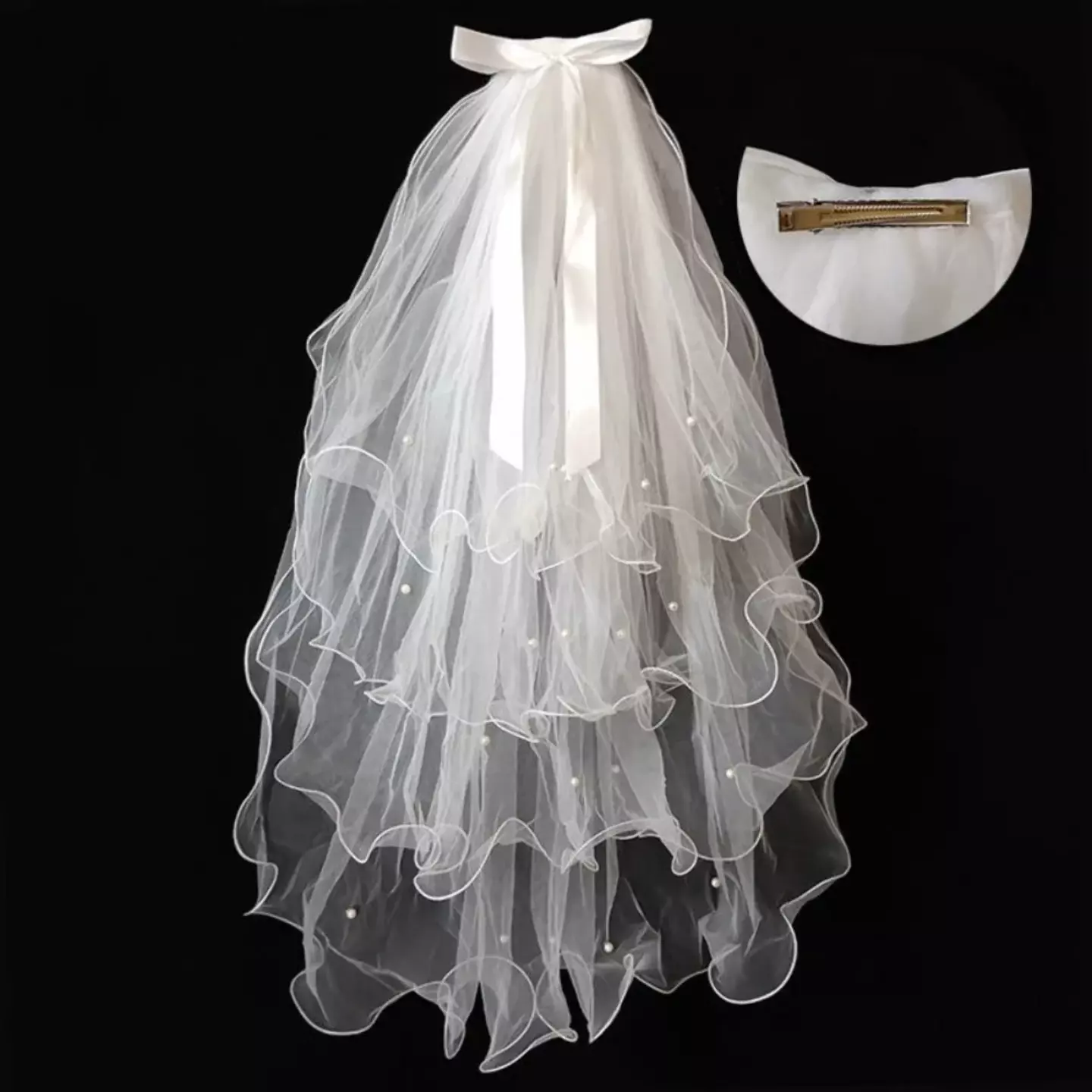 White Tiered Tulle Veil for Girls, 65cm with Hair Clip or Comb 8979