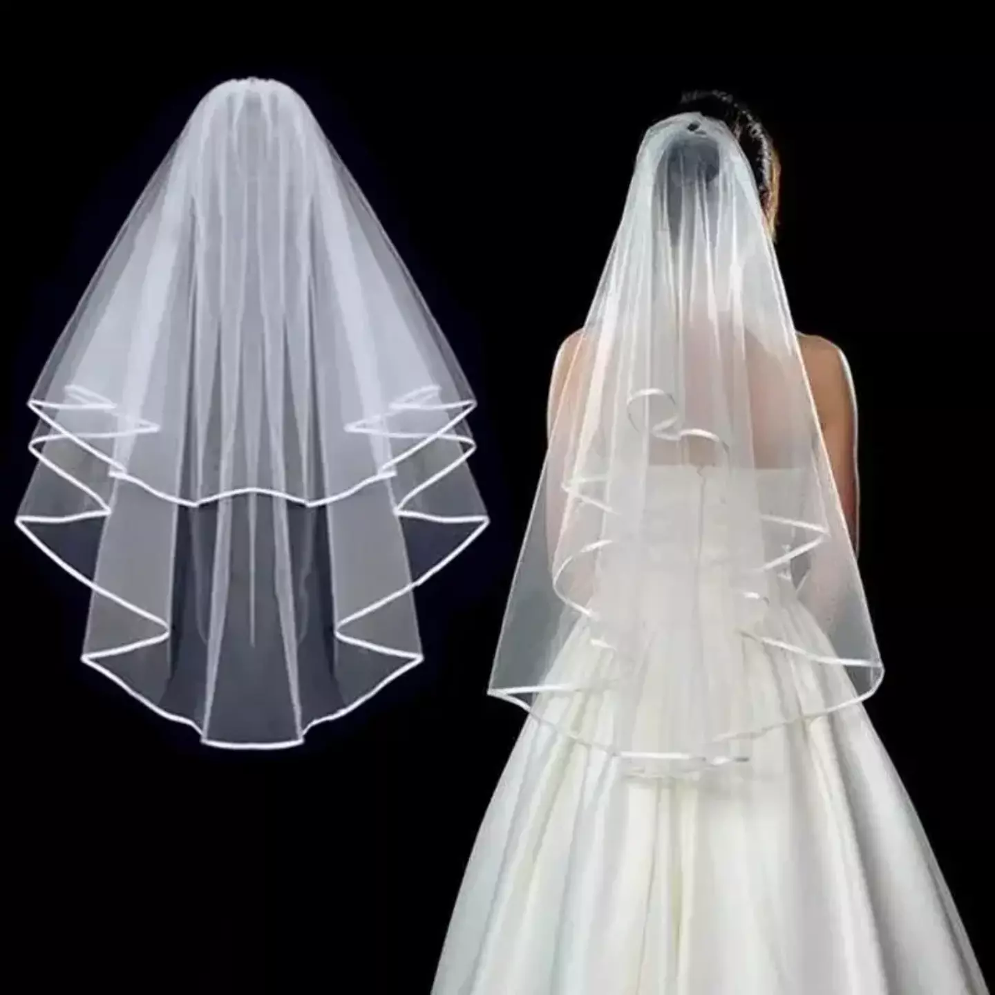White Two-Tier Tulle Veil, 75cm with Scalloped Edge and Hair Comb 8983