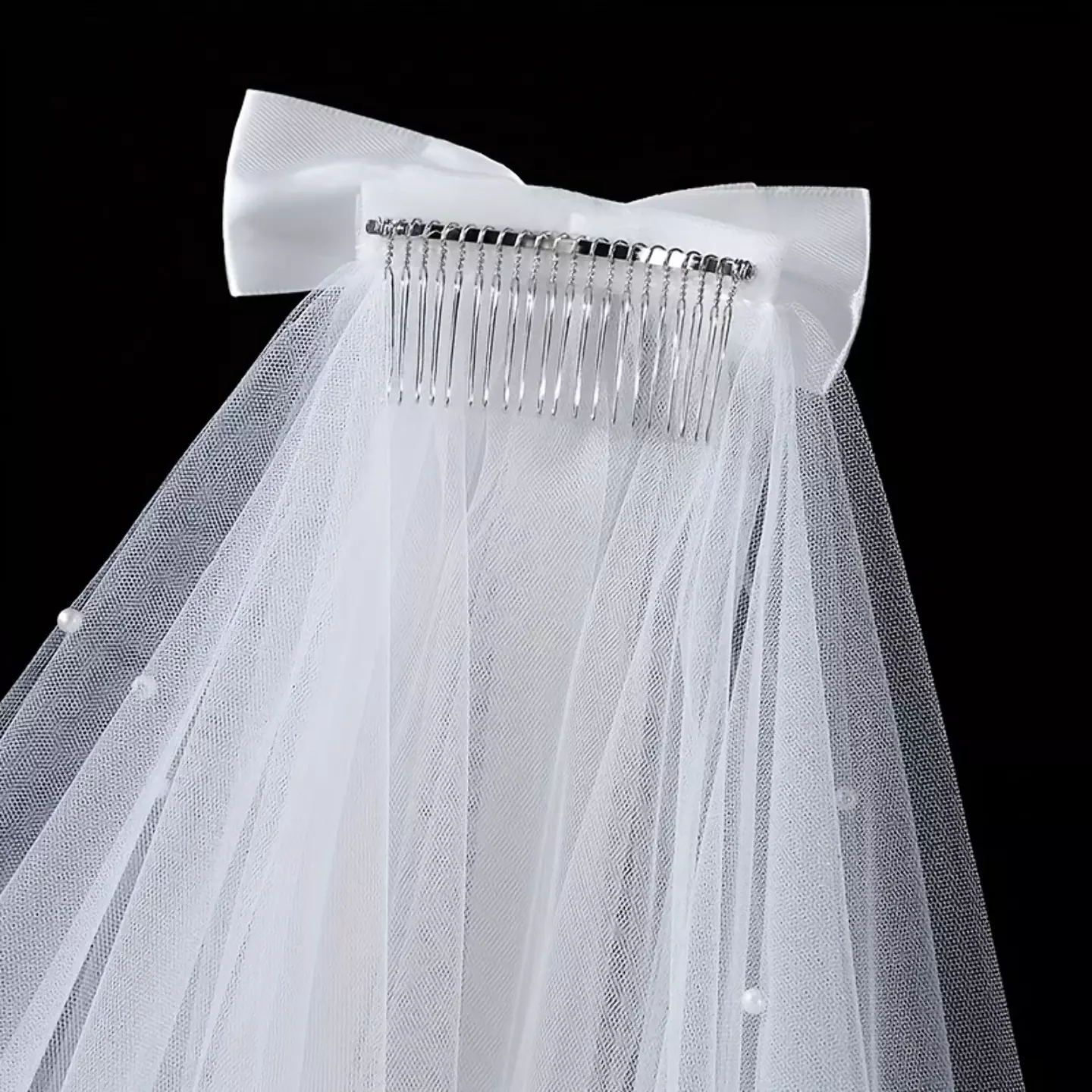 White Tulle Veil, 60cm with Satin Bow and Hair Comb 8987